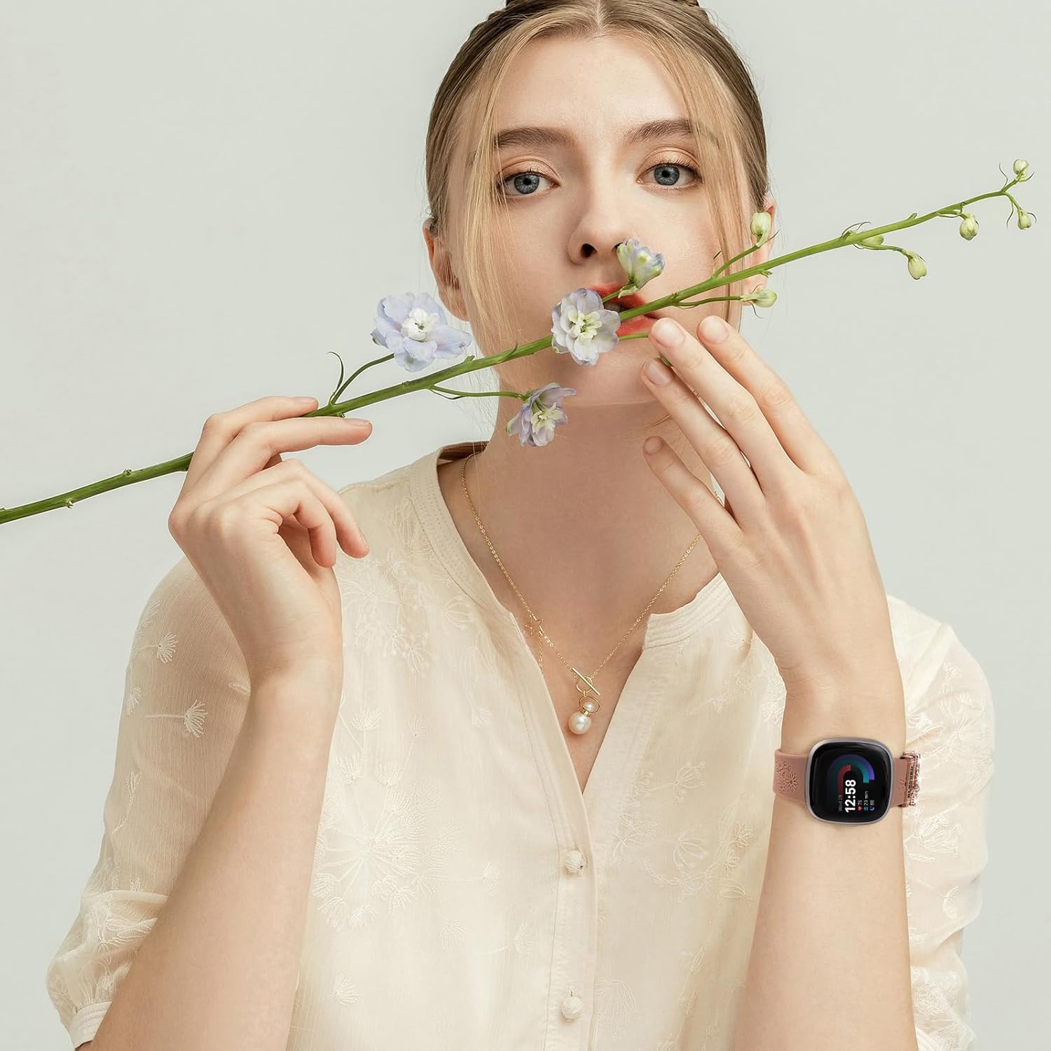 Wildflower Engraved Bands Compatible with Fitbit Sense 2, Versa 4/3, Sense Band with Charms, Soft Silicone Replacement Wristbands Strap with Cute Decorative Rings Accessories for Women - Image 7