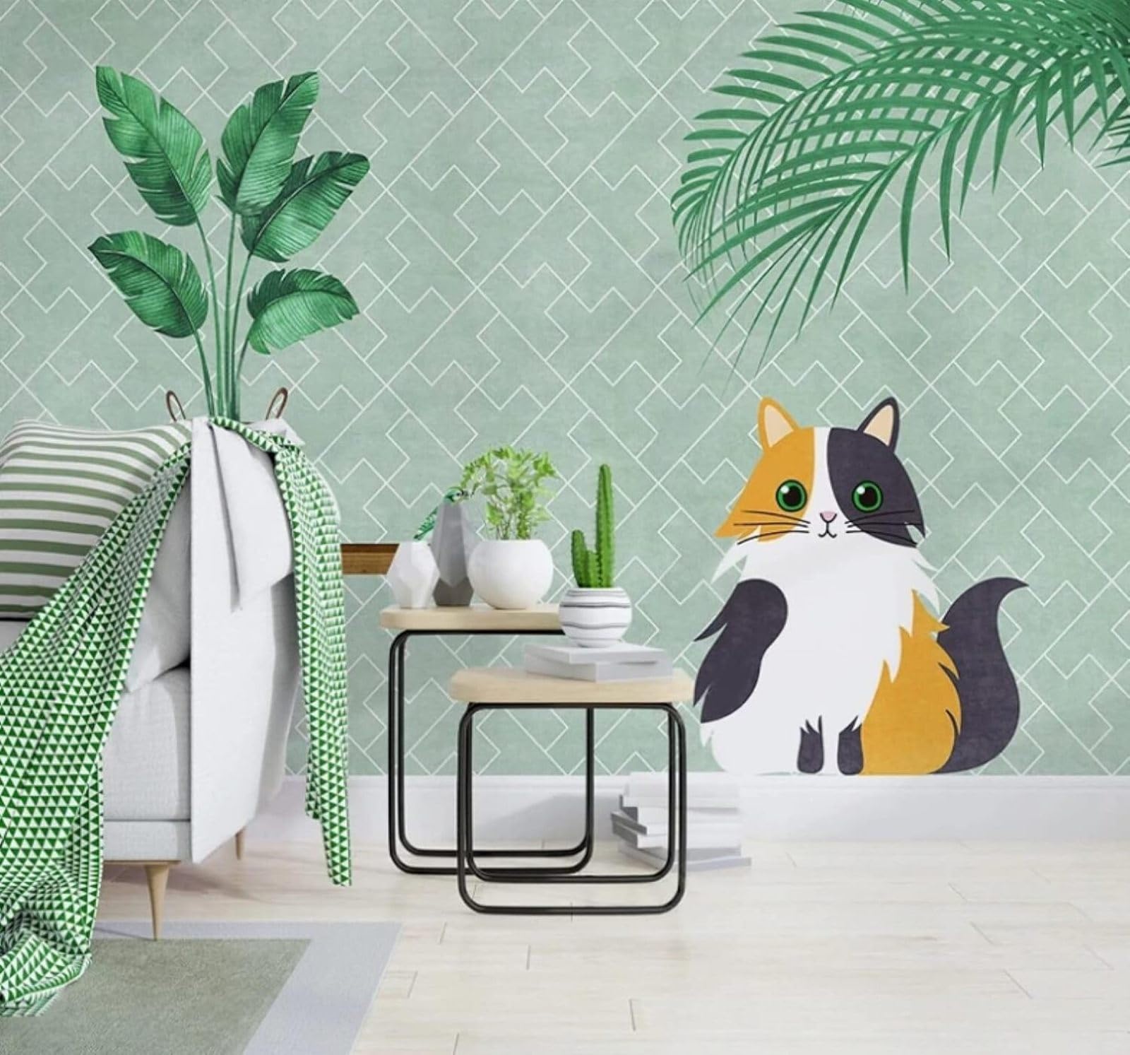 XLMING Fresh Green Leaves Kitten Geometric Grid 3D Wallpaper Luxury Silk Study Dining Feature Sofa Grey Bedroom Living Room Tv Decorative Wall-400cm×280cm