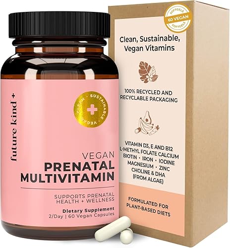 Future Kind Vitamina prenatal vegana – (60 unidades) Vitaminas prenatales con DHA y L-metilfolato en botella de vidrio – Suplemento prenatal de