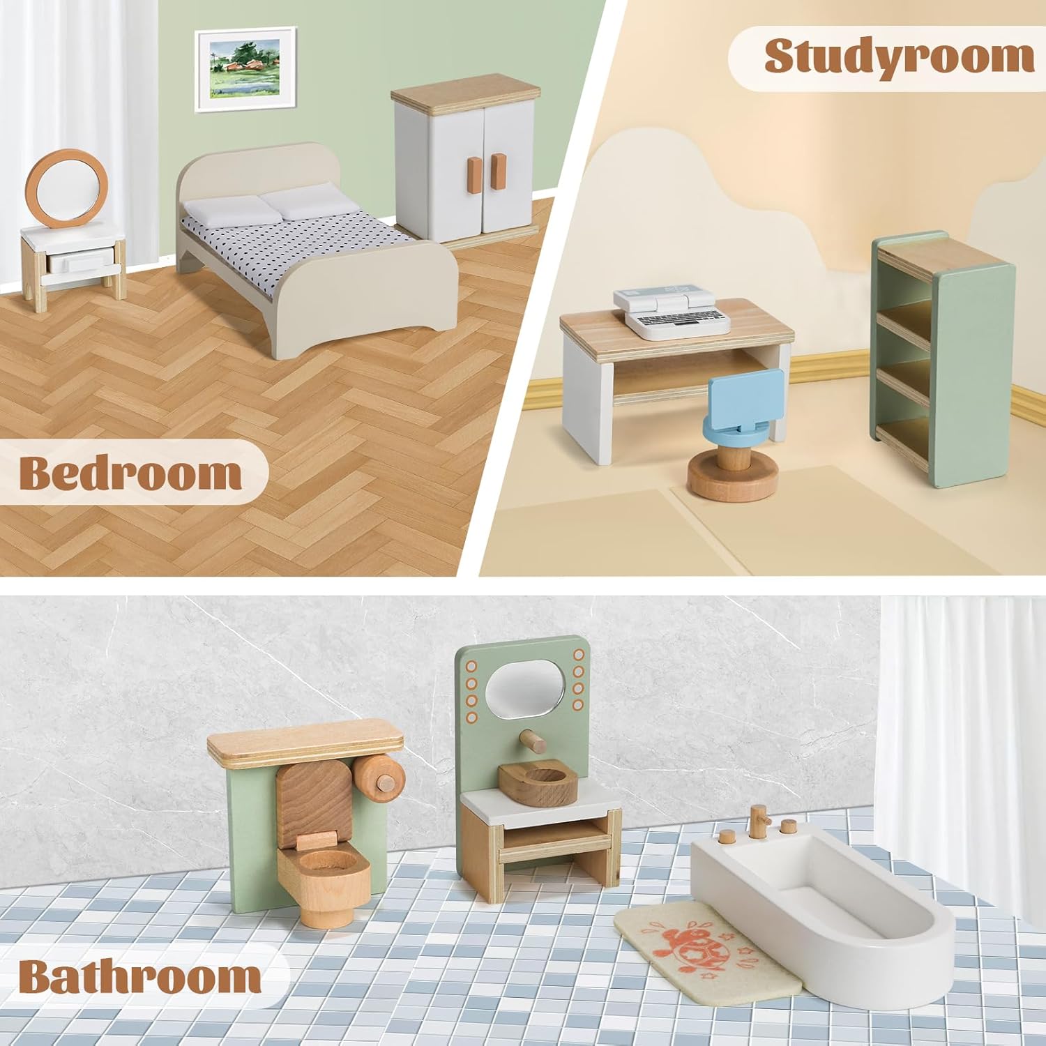 23PCS Wooden Dollhouse Furniture Set for 5 Rooms, Miniature Doll House Accessories & Furniture Toys for Toddlers, Indoor Scenes Pretend Play Toy for Kids 3+ Gse5325 image 4 of 7 B0FC6GR24Z