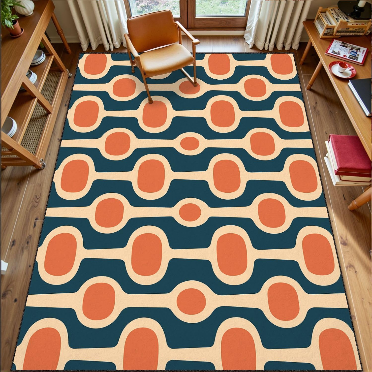 6x9 Orange Area Rugs Rugs for Bedroom Washable Rug Mid Century Modern Atomic Age Blue Orange Cream Ideal for Carpet Carpet for Bedroom Living Room Nursery Rug Aesthetic Room Decor
