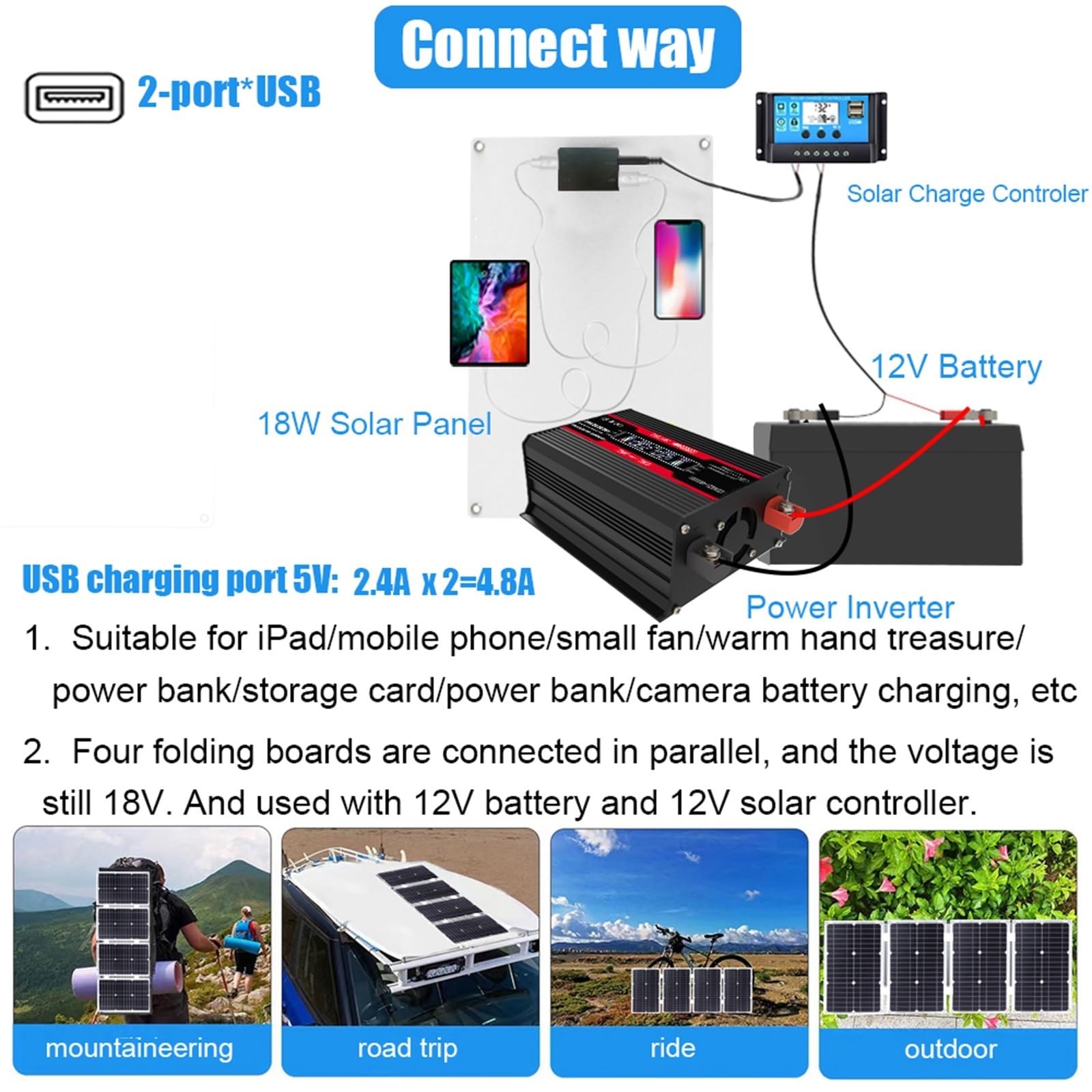 Kit Solaire 110V/220V 4000W Pour La Maison Système D'alimentation Solaire Complet Onduleur 4000W Et Contrôleur 30A + Panneau Solaire 18W18V Kits De Panneaux Solaires Complets Pour Camping-cars(Black,1