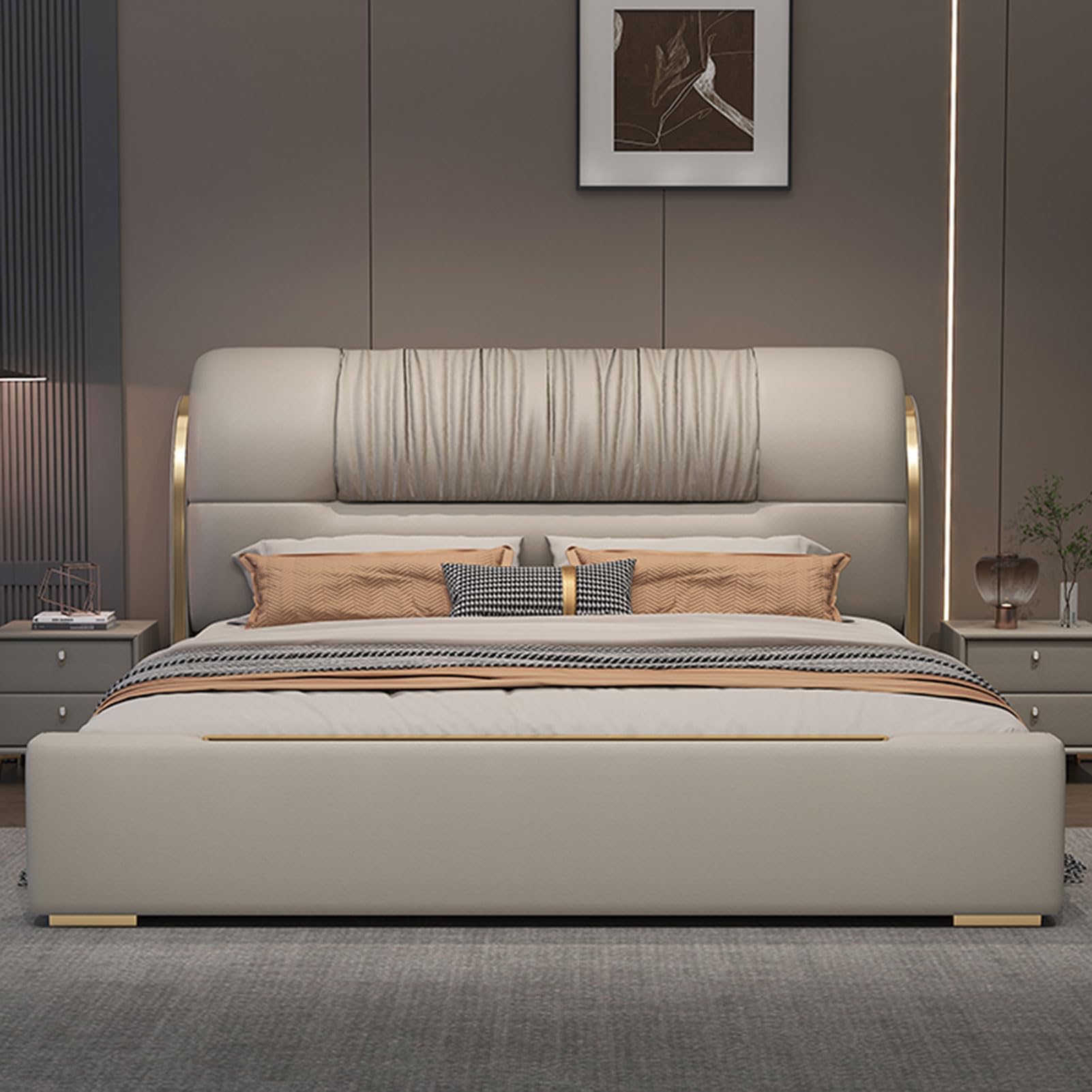 Modern Luxury King Size Genuine Leather Bed Upholstered Platform Bed Frame with Headboard and Storage Drawers No Box