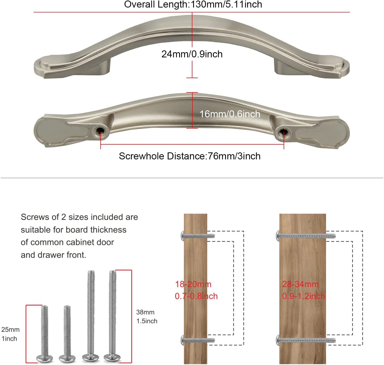 TUNNY 10 Pack Antique Cabinetry Handles-3"/76mm Screw Spacing Shiny Nickel Brushed Furniture Hardware Handles Cabinet Hardware Kitchen Cabinet Handles for Bathroom Drawer Pulls