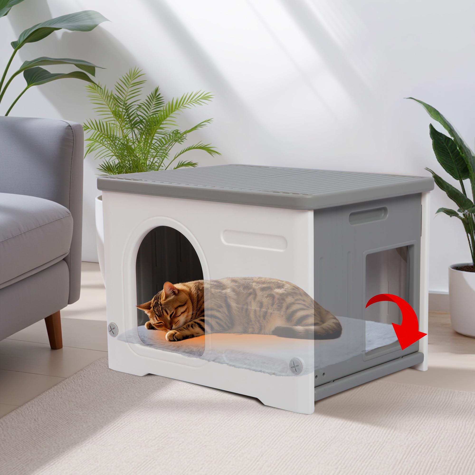 Plastic Cat House Outdoor & Indoor, Waterproof Feral Cat Houses with Escape Door, Sturdy Outdoor Cat House with Bed Mat, Outside Cat Shelter for Small