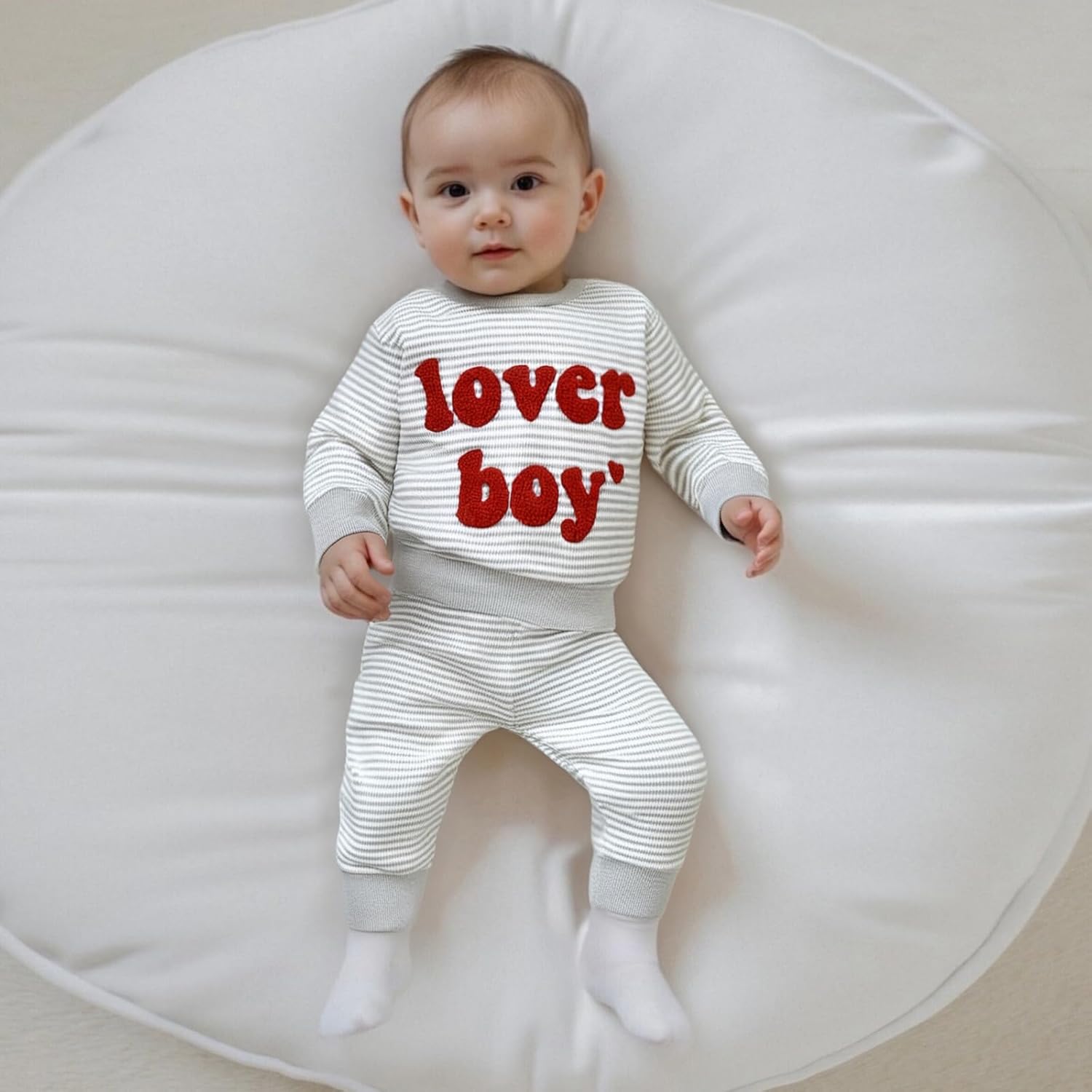 Toddler Baby Boy Valentines Day Outfit Lover Boy Embroidery Waffle Knit Long Sleeve Sweatshirt and Pants Set - Image 4