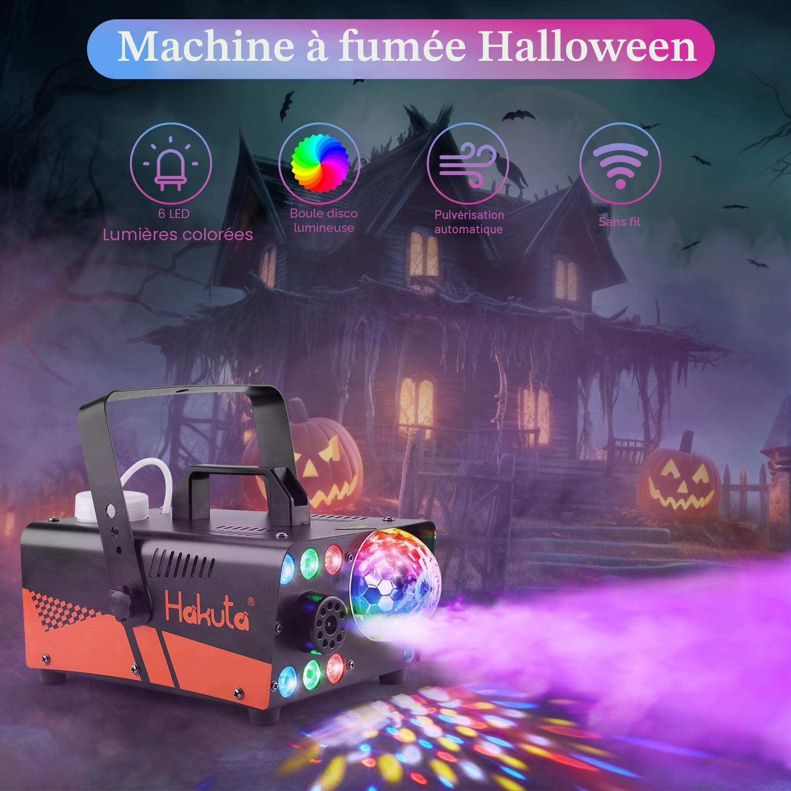 HAKUTA Machine à fumée avec boule disco lumineuse et lumières LED RGB, machine à fumée 2300 CFM Spray avec fonction Auto-Spray, idéal pour Halloween, Noël, mariages