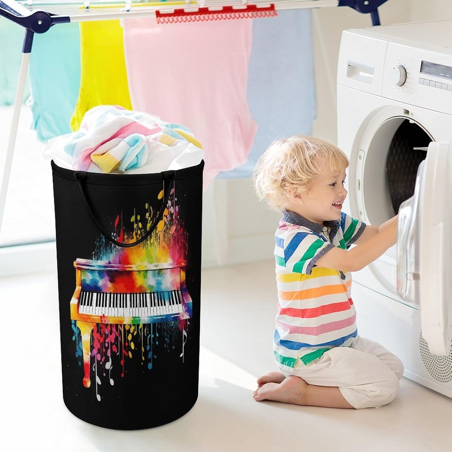 Colorful Piano Keyboard Music Note Laundry Hamper Waterproof Polyester Laundry Baskets Collapsible Dirty Clothes Storage Basket Clothes Hampers with Sturdy Handles for Travel Bedroom