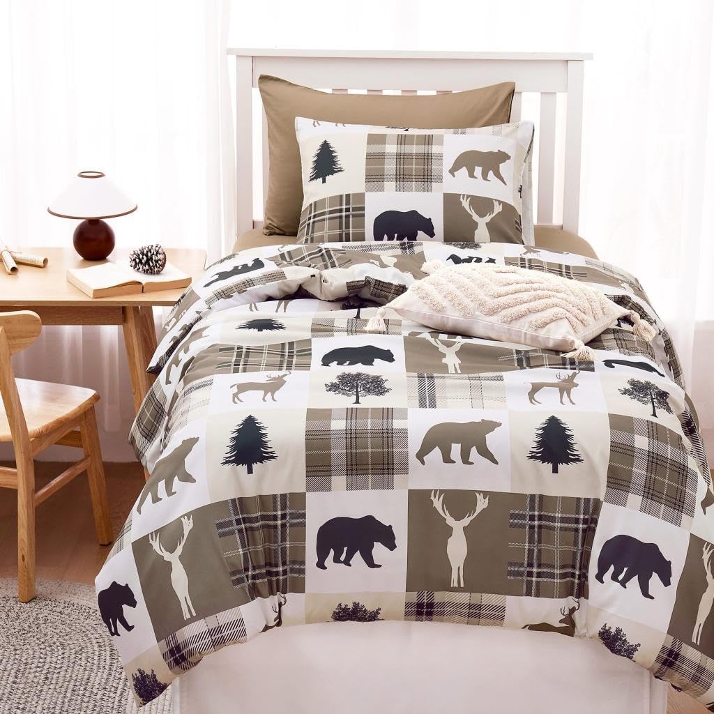 Wake In Cloud - Rustic Comforter Set, Cabin Christmas Lodge Western Country Bear Deer Moose Woodland RV Outdoor Theme, Soft Lightweight Bedding, 3 Pieces, Taupe, Twin/Twin XL Size - Image 5