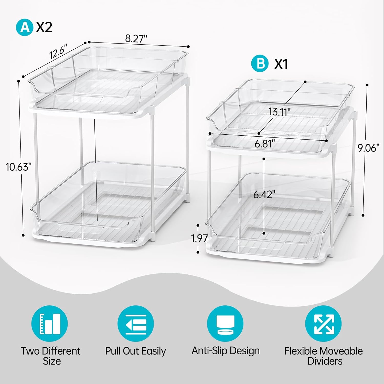 Delamu 3 Pack 2-Tier Bathroom Under Sink Organizers and Storage, Multi-Purpose Stackable Pantry Organization and Storage, Pull Out Clear Kitchen Bathroom Cabinet Organizer with Movable Dividers, White