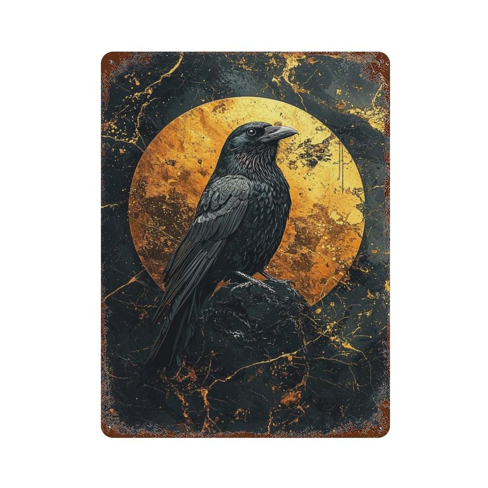 Distressed Metal Wall Sign Raven And Golden Moon 15.7"x11.8", Vintage Wall Decor for Cafe, Home Bar And Lounge Decor