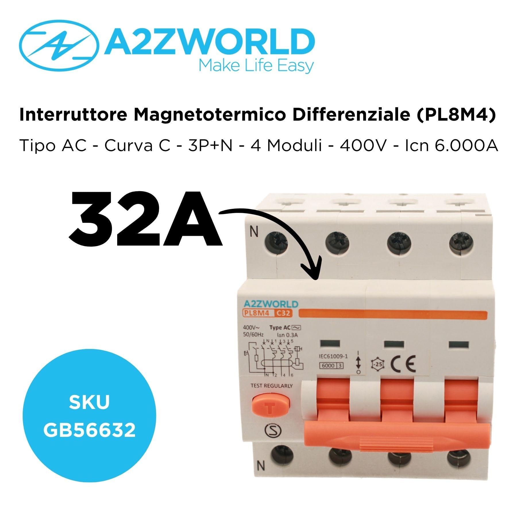Interruttore Magnetotermico Differenziale Trifase 300mA 32A C32, RCBO Tipo AC Curva C 0,3A, 3P+N 6kA 400V, Occupa 4 Moduli DIN
