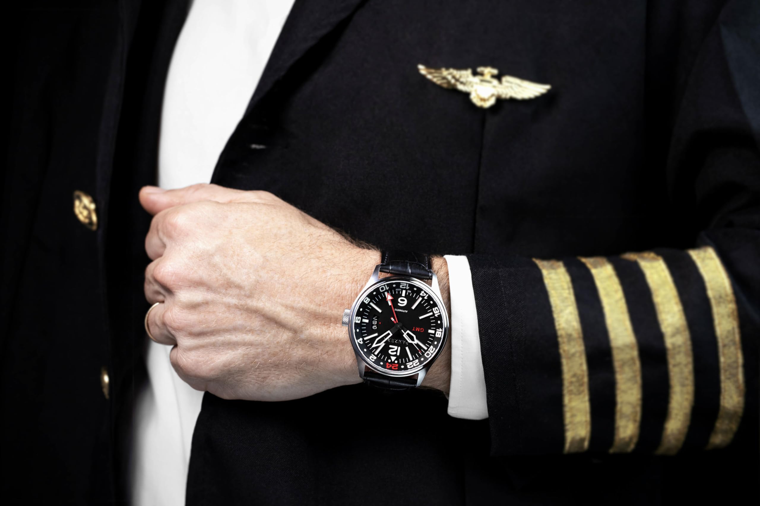 Panzera Flieger 45G Mechanische Automatikuhr Stahl Schwarz Saphir Silikon Datum Herrenuhr, Schwarz , Armband