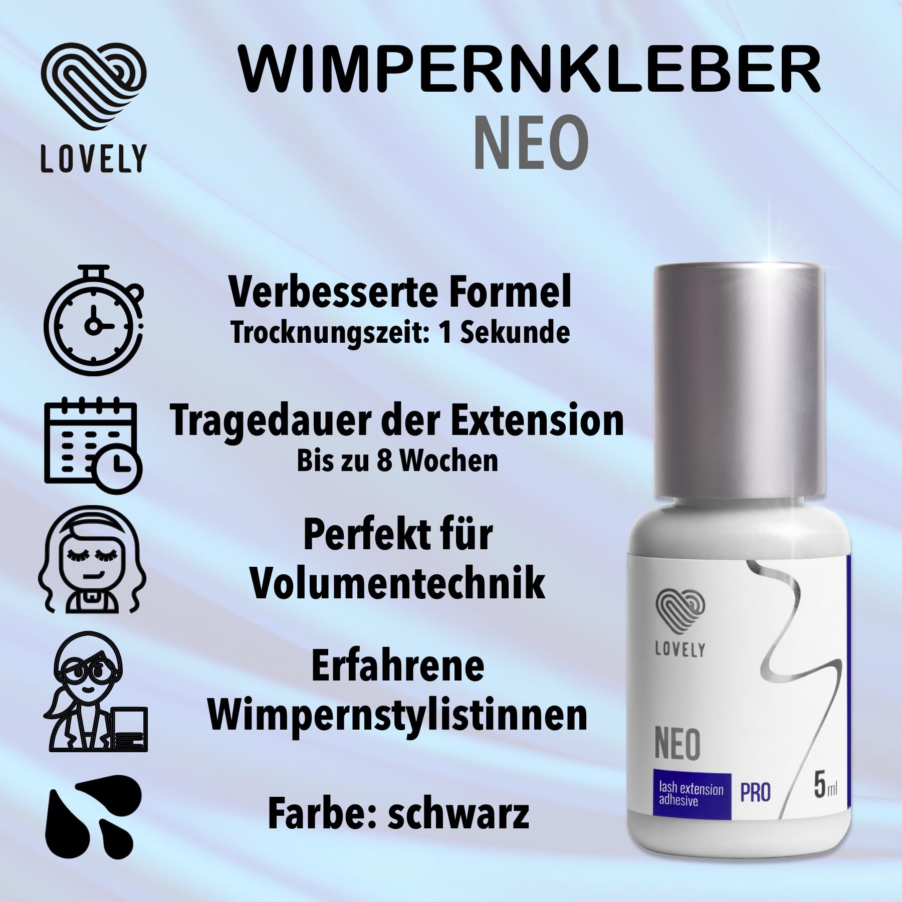 LOVELY NEO pegamento de pestañas, 5ml negro - pegamento liquido y rapido, tiempo de secado INMEDIATO - 8 semanas de adhesion - muy elastico, muy fuerte - para extensiones de pestañas profesionales