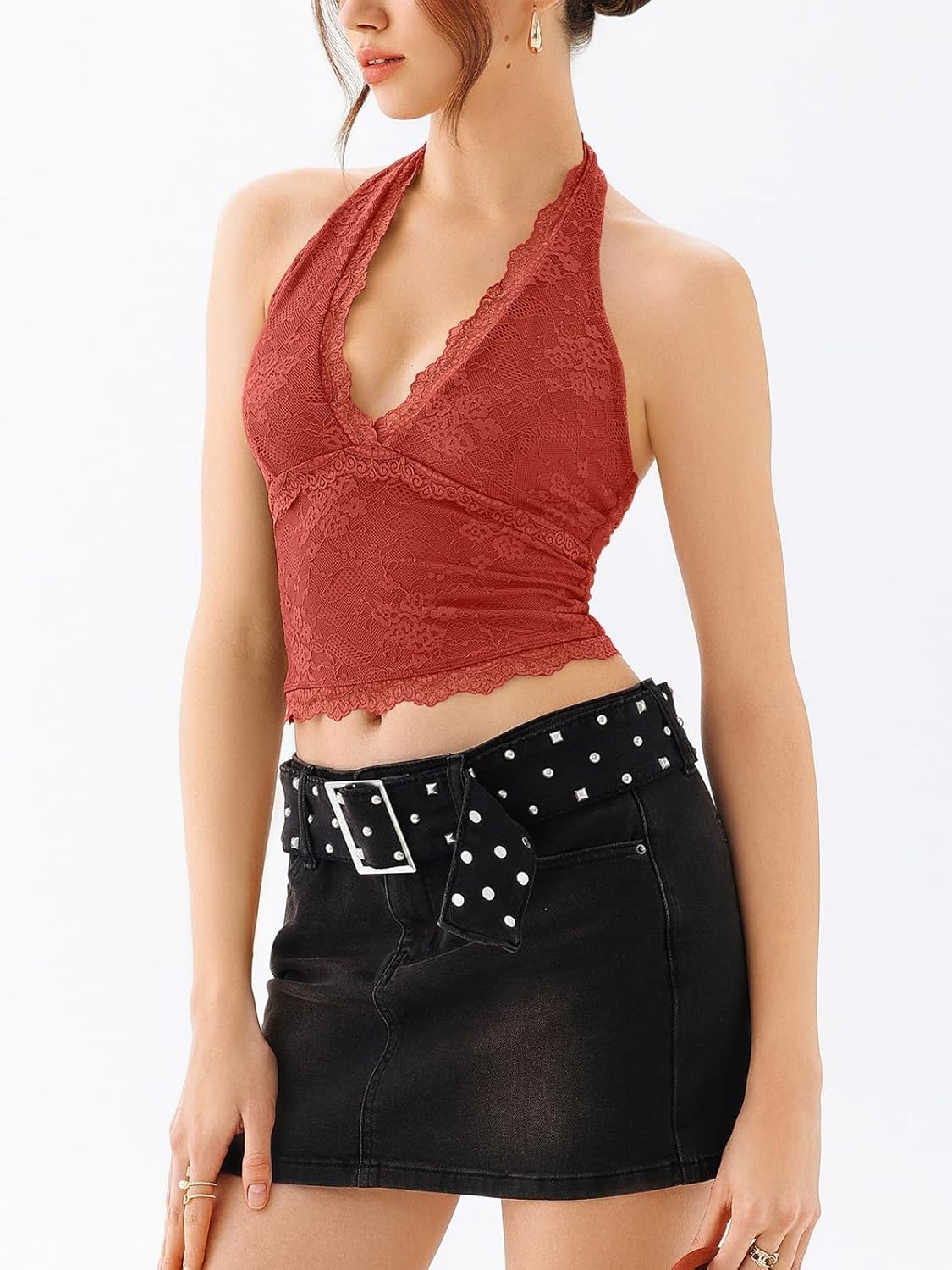 Women Sexy Cropped Halterneck Lace Top Sleeveless Backless V-Neck Lace Trim Crop Top Slim Fit Summer Tanks - Image 4