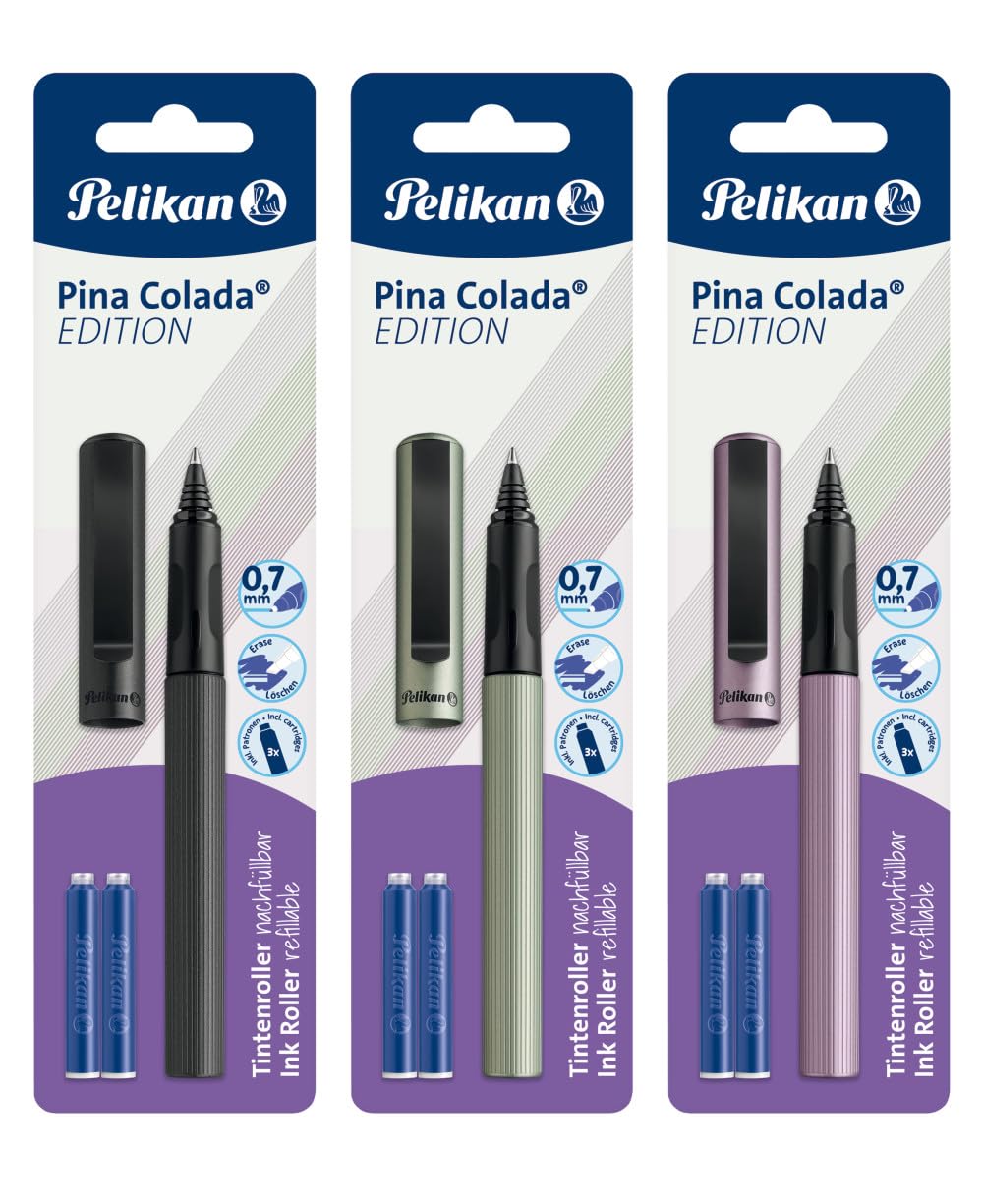 Pelikan Pina Colada Edition Rollerball Pen with 3 Standard Ink Cartridges Refillable 3 Assorted Colours