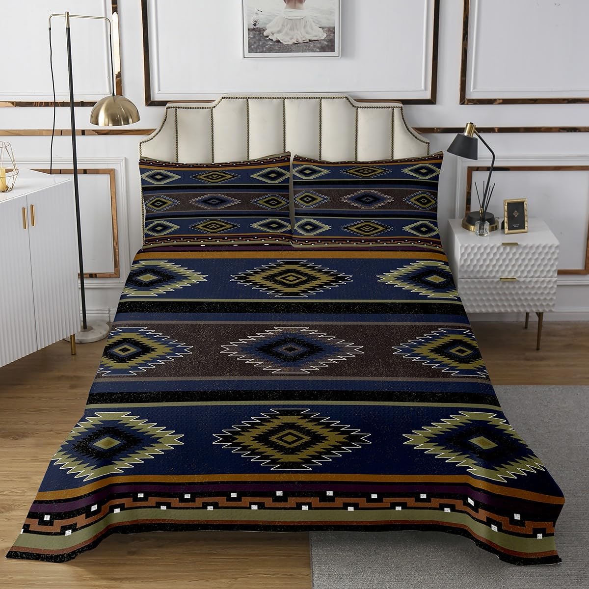 jejeloiu Southwest Native American Design Quilted Coverlet Boho Bedspread King Size Black Gray Southwestern Geometric Coverlet Set Women Men Tribal Room Decor Breathable Soft