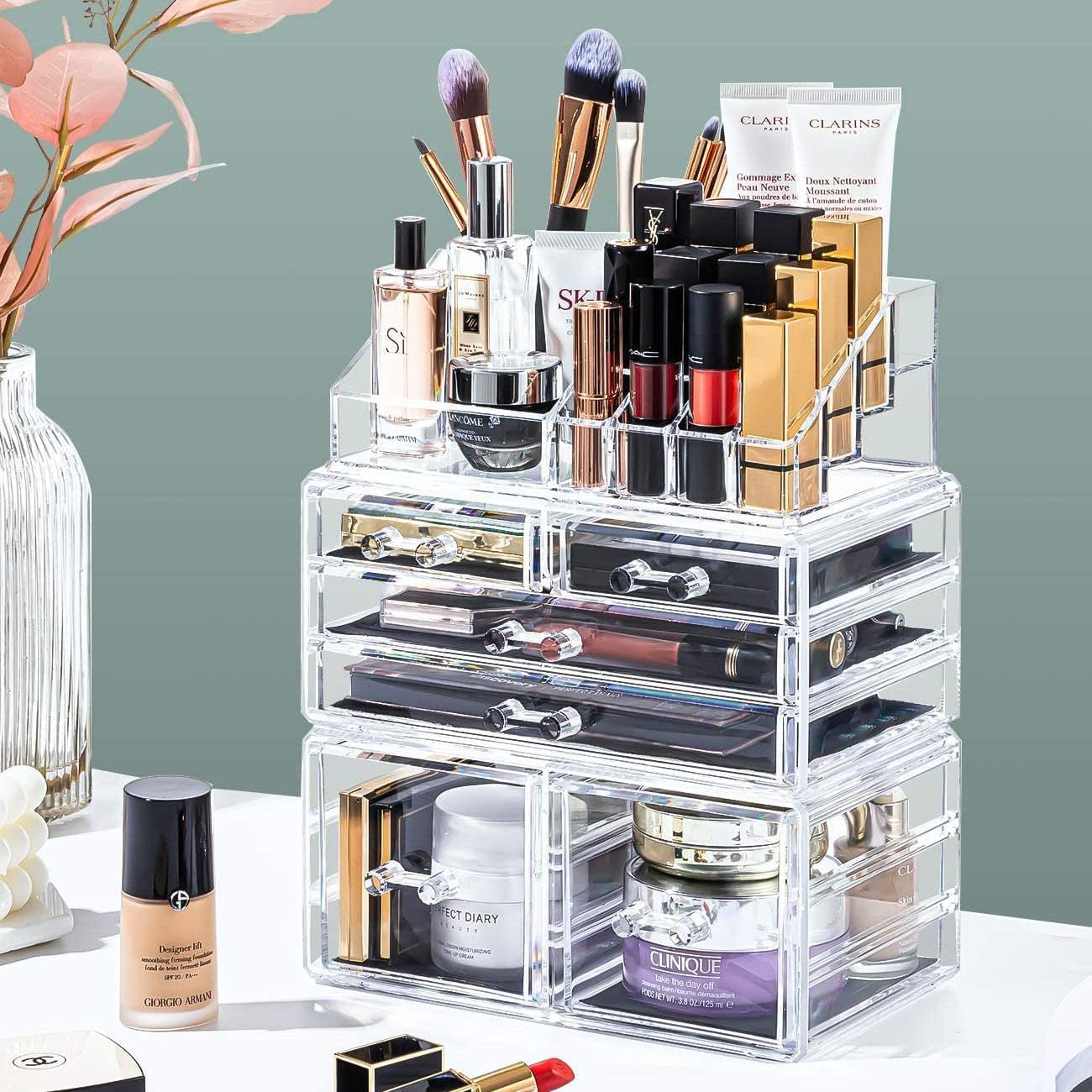 MUMOO BEAR Acrylic Cosmetic Makeup Organizer, Stackable Cosmetic Display Case, Countertop Cosmetic Storage Box, for Dresser, Bathroom, Vanity (1029+6404+6405)