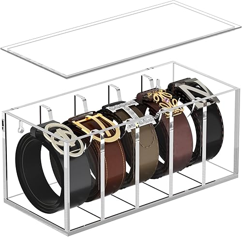 Miniatura 9 de FEMELI Organizador de cinturón, almacenamiento de cinturón de acrílico para armario con cubierta antipolvo, contenedor de cinturón transparente para