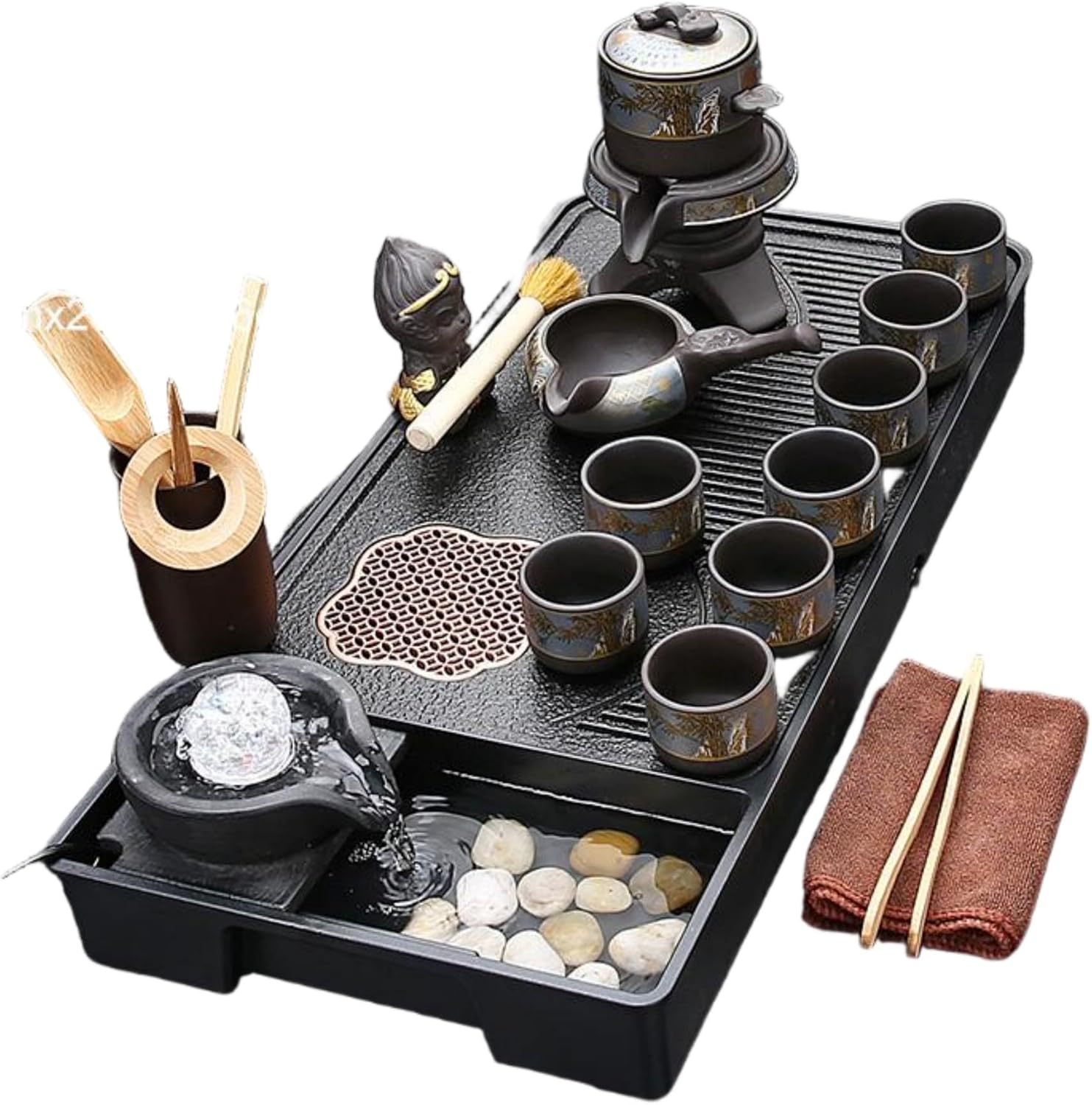 MOYEE 流水茶盘 Chinese Gongfu Tea Tray Purple Sands Ceramic TeaSet,紫砂茶具套装家用功夫茶壶盖碗茶杯办公高档小型茶海茶杯 A69