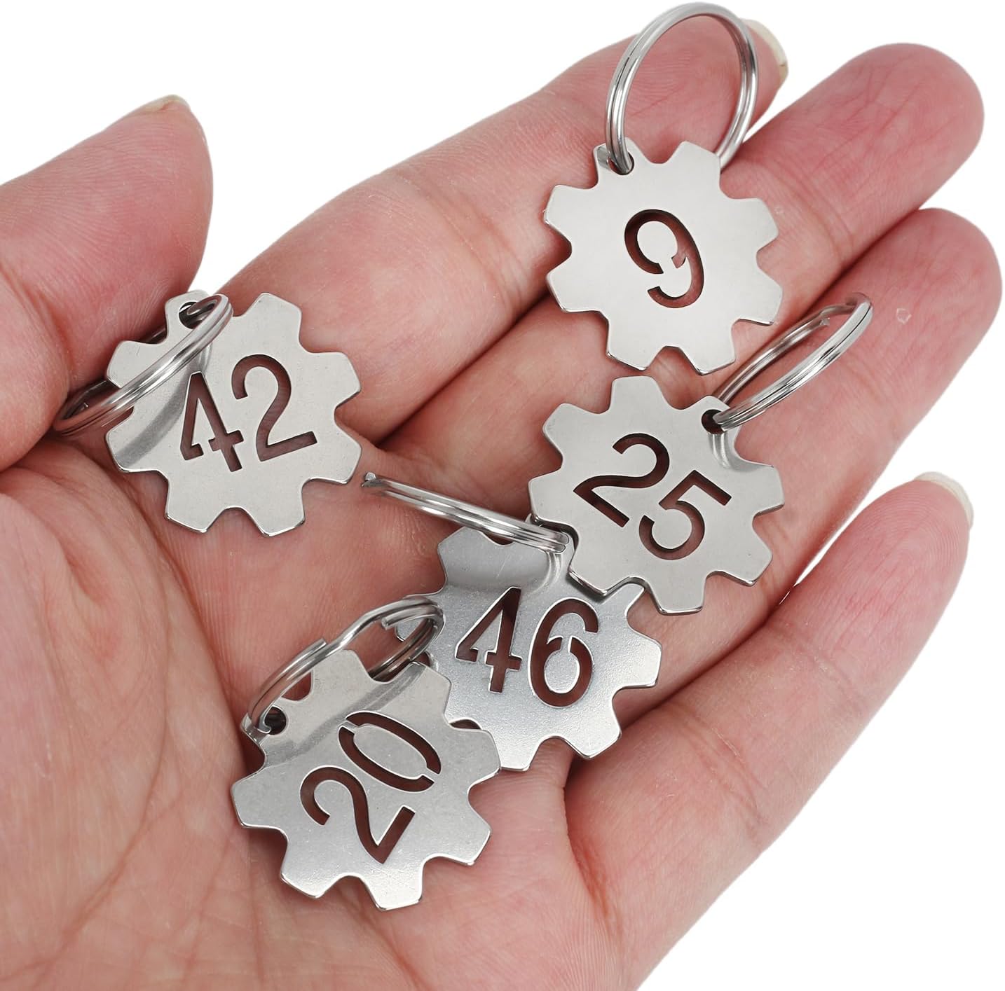 Numbered Key Tags with Rings, Gear Shape 304 Stainless Steel Number Labels, Metal Number Tags, Keychain ID Labels