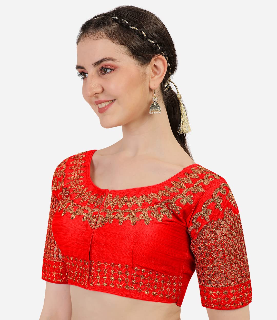 Pujia Mills Women's Silk Checks Half Sleeve Blouse (Jali New Variation Blouse_Red_Free Size)