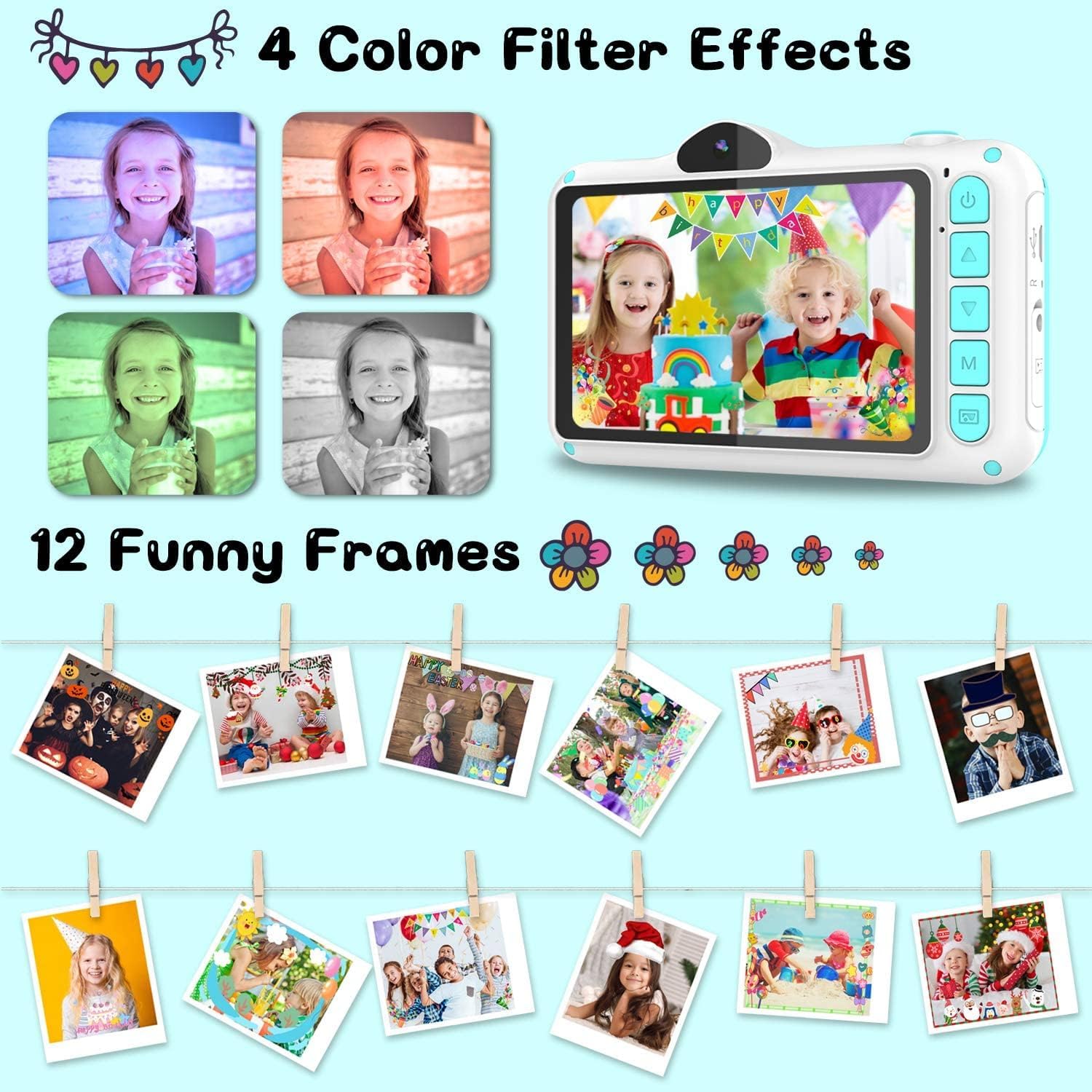Appareil photo numérique pour enfants de 3,5 pouces avec carte de 32 Go, 1080P HD 12 MP, anti-chute, rechargeable par USB, cadeau de Noël pour garçon de 3 à 12 ans, bleu