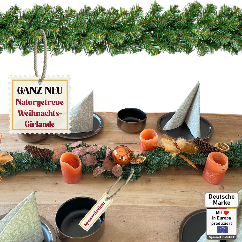 Weihnachtsgirlande künstlich 270 cm I Naturgetreue Nachbildung, Weihnachtsdekoration für Innen, Draußen + Eingangstür Halterung I ohne Deko (Grün, 270 cm)