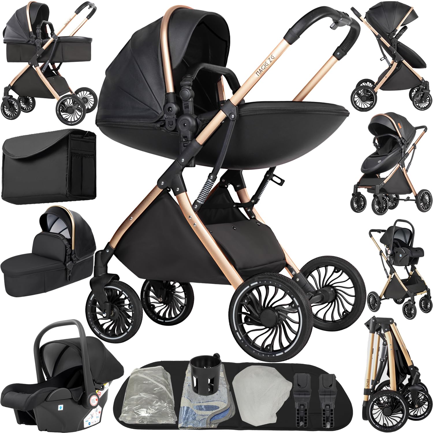 Reenborn Kinderwagen 4 in 1, Buggy mit Zwei Umkehrbaren Schiebemodi, Kinderwagen mit Rahmen Aluminiumlegierung, Buggy 4 in 1 Komplettset mit Ein-Klick-Faltdesign Hohe Landschaft (688 Black)