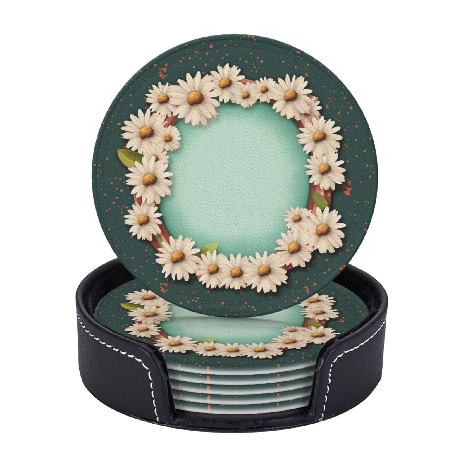6PCS Drink Coasters with Holder, 4" Leather Coasters for Drinks, with Daisies and Frame Cup Coasters for Coffee Table Decor, Non-Slip Drinking Cup Mat for Hot or Cold Drink