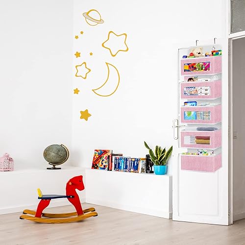Miniatura 9 de homyfort Organizador para colgar sobre la puerta con 5 bolsillos grandes, 10 bolsillos laterales de malla, 5 estantes extra grandes y resistentes,