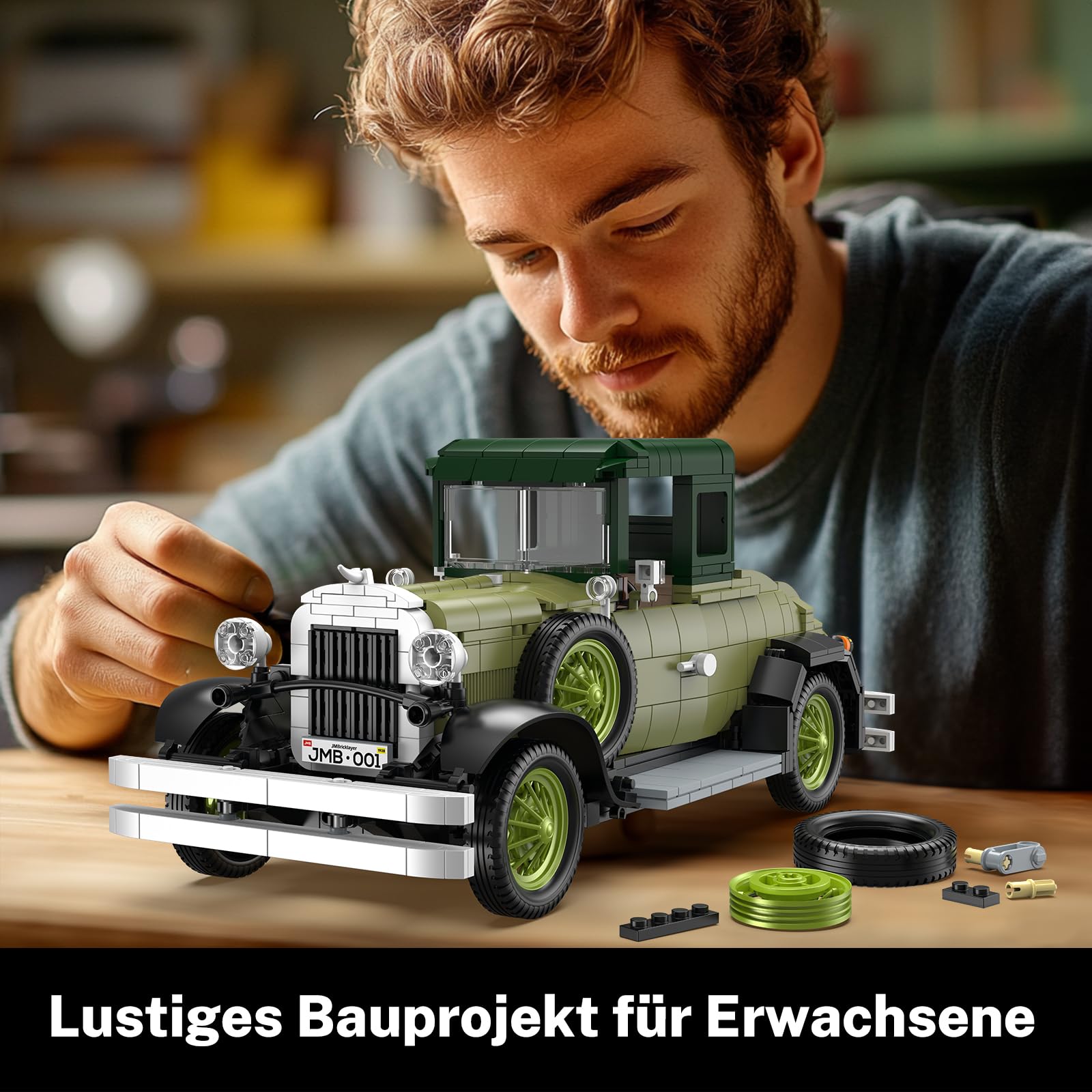 JMBricklayer Retro Auto Modellbau für Erwachsene mit Licht, 50001 Vintage Modellauto Bausätze, Oldtimer Car Sammler Ausstellungsset Dekorationen, Bausteine Geschenke für Fans Klassischer Fahrzeuge