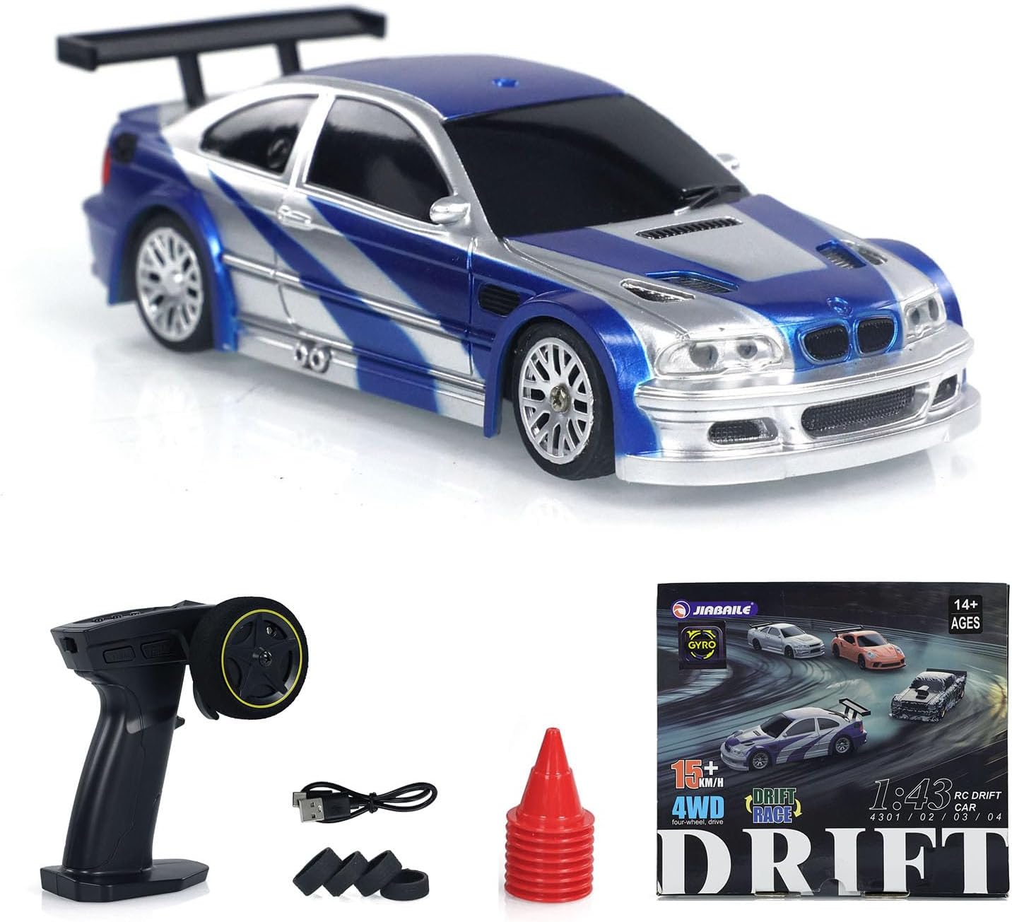 TOUCAN RC HOBBY 1:43 Ready to Run Race Car Gyro Drift Car 4WD Traffic Cones Mini Toy for Boys with a Gyro (Blue)