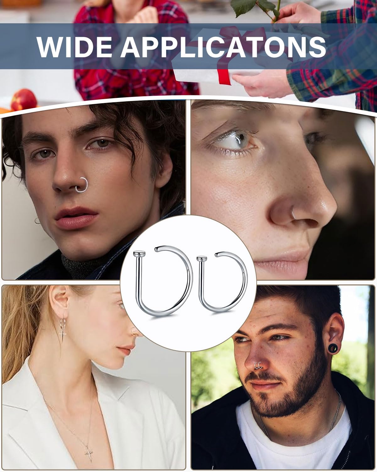 DAFNE Juego de 10 piercings falsos de acero inoxidable: piercing para nariz en forma de D, pinza para nariz y pinza para labios (no incluye piercing). Alternativas unisex para piercings de nariz — view 6