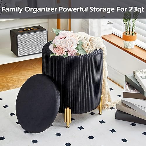 Miniatura 3 de Mxfurhawa Taburete otomano redondo con almacenamiento y patas de metal para sala de estar, dormitorio, reposapiés tapizado de terciopelo, soporte de