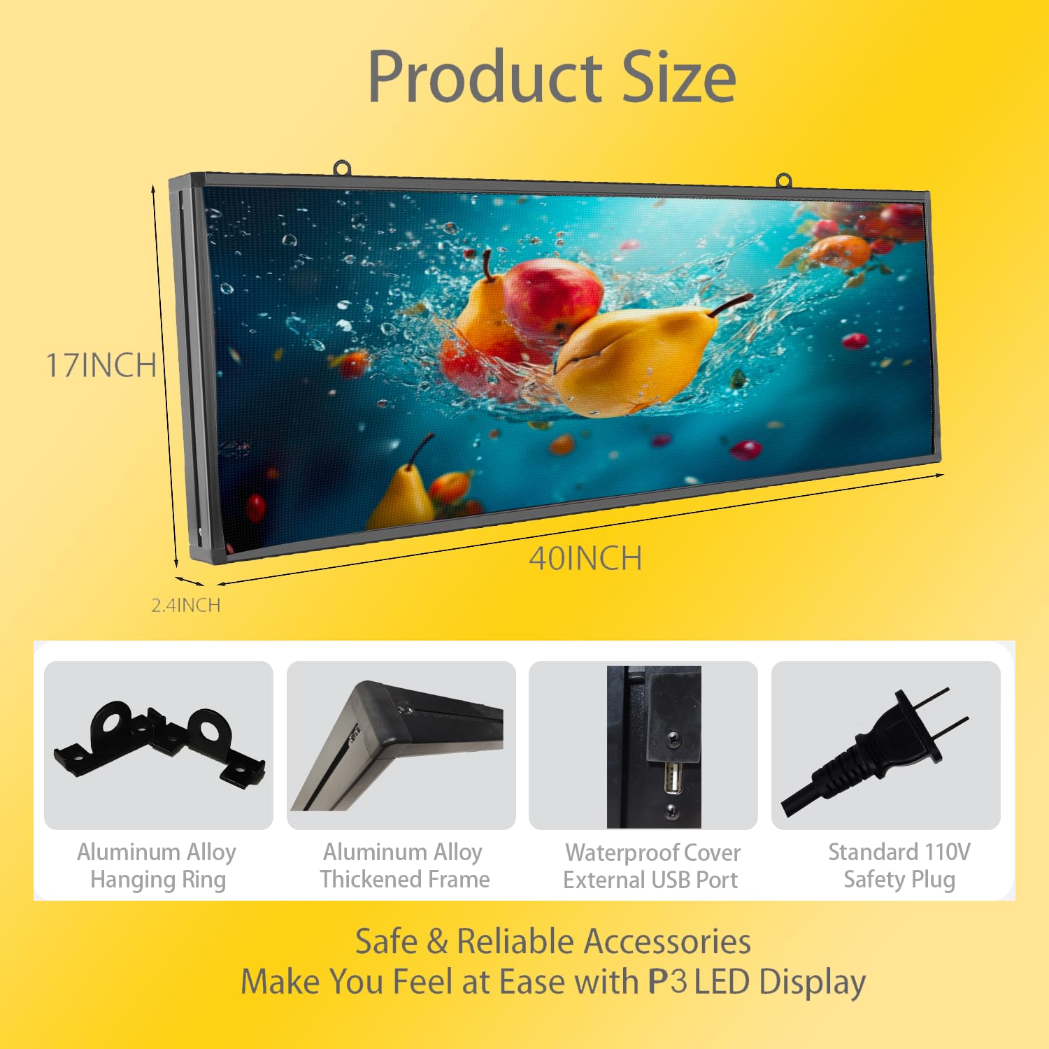P3 Outdoor LED-Schild (96x39cm) | Bild/Video-Wiedergabe + WiFi/USB | 4000cd/m² & IP65 Allwetter – Programmierbare Werbetafel für Sport-Ticker, Digitale Speisekarten & 24/7-Außenwerbung