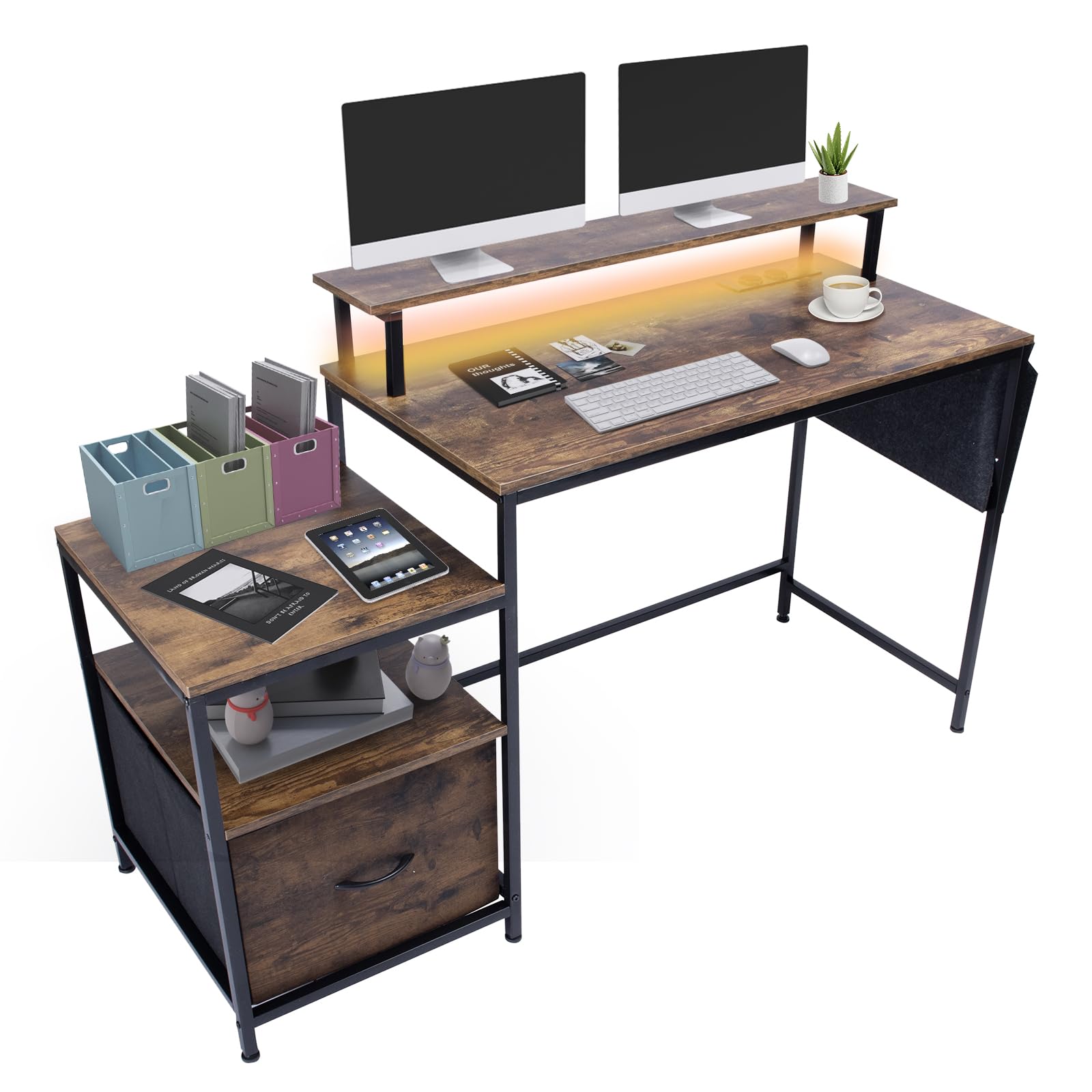 ZZINOKE Escritorio con Estante de Almacenamiento, Mesa Gaming con Estante para Monitor, Escritorio con Cajones, Escritorio Madera, Escritorio Gaming, Mesa Ordenador, 100x50x76cm, Marrón