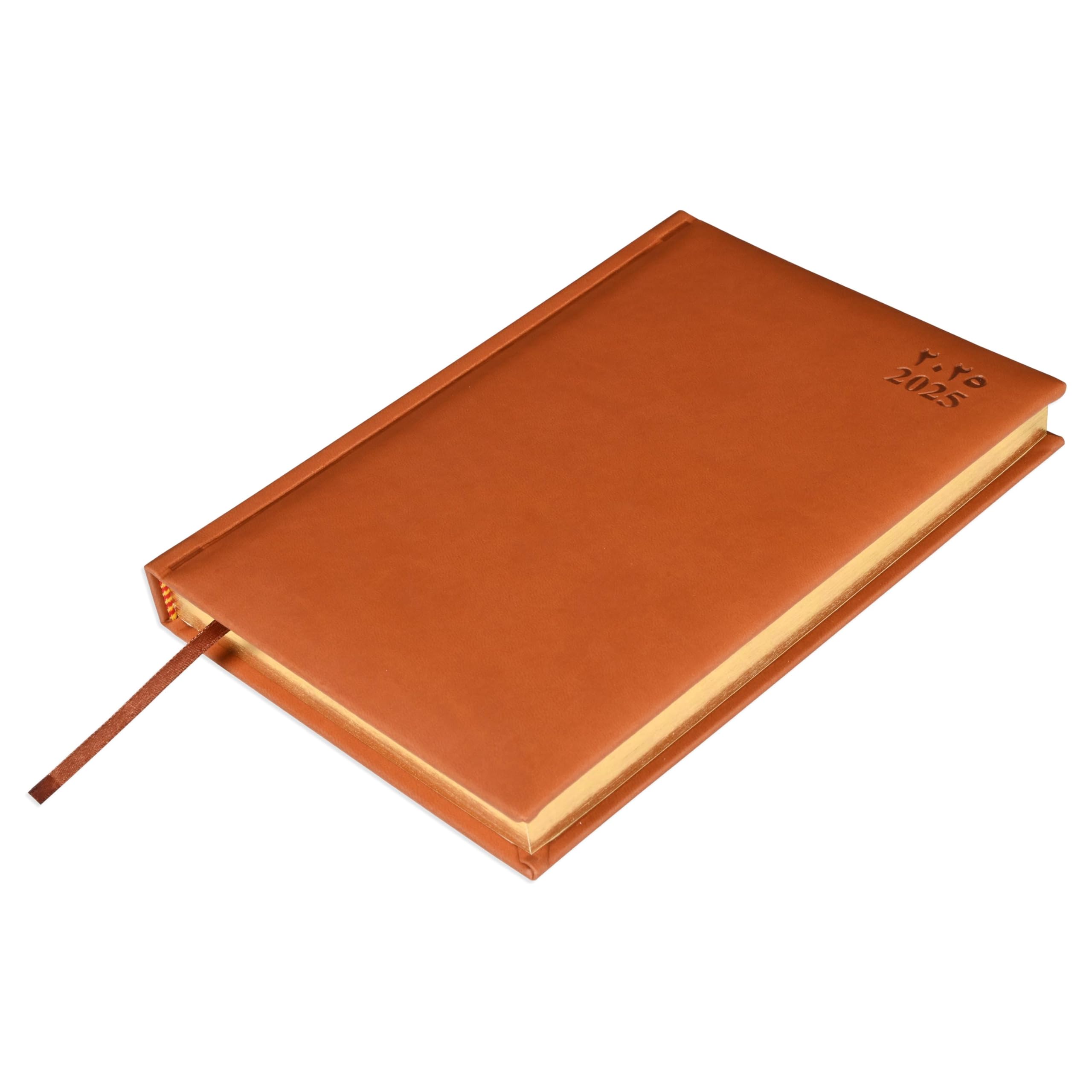 FIS2025 Golden A5 Diary, Italian PU Materials, 1 Side Padded Cover, Gold Gilded Edges, Size A5(148x210mm) Arabic/English, 70gsm Italian Ivory Paper, Brown Color-FSDI20AEG25BR