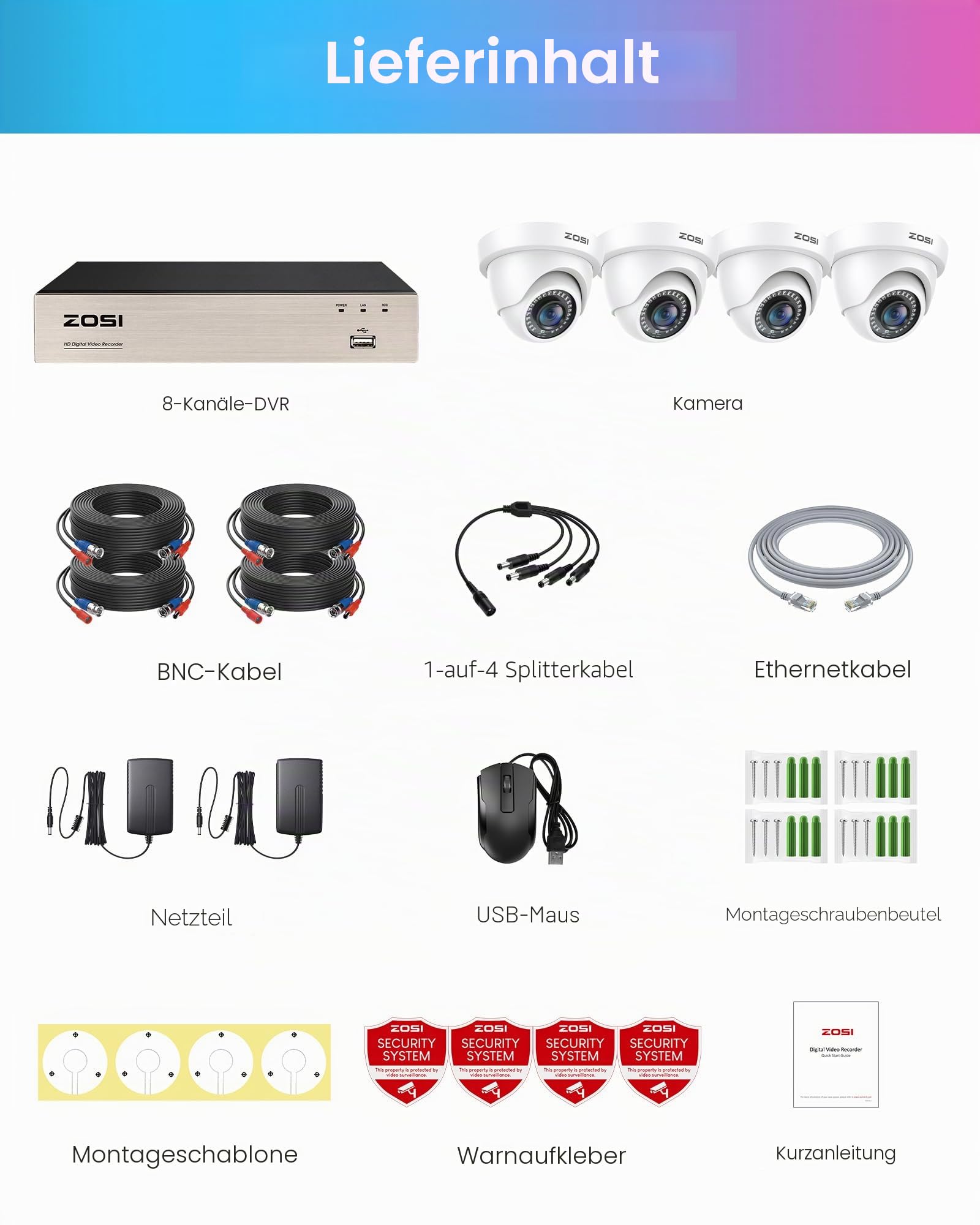 ZOSI 1080P Außen Video Überwachungskamera Set, 8CH H.265+ DVR ohne Festplatte und 4X 2MP 1080P Domekameras, KI Personen- und Fahrzeugerkennung, IR Nachtsicht