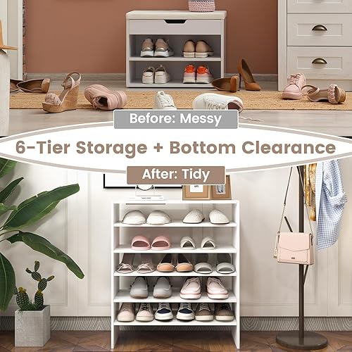 Miniatura 6 de Giantex Zapatero vertical 3 en 1, organizador de almacenamiento de zapatos de 6 niveles con diseño apilable para 18 pares, estante de madera de 31