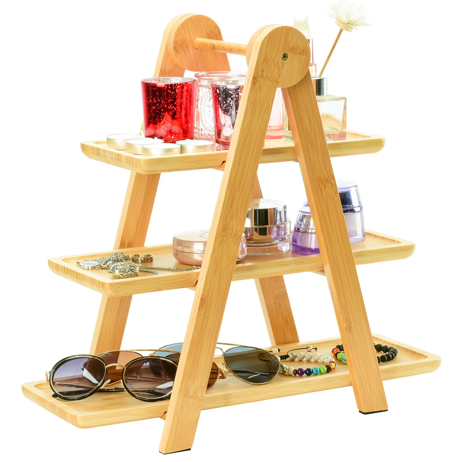 AKKAJJ 3 Tier Serving Tray Bamboo Party Serving Trays Wooden Tiered Cupcake Stand Rectangle Serving Platter Foldable Ladder Serving Trays for Party,Picnic,Home Decor