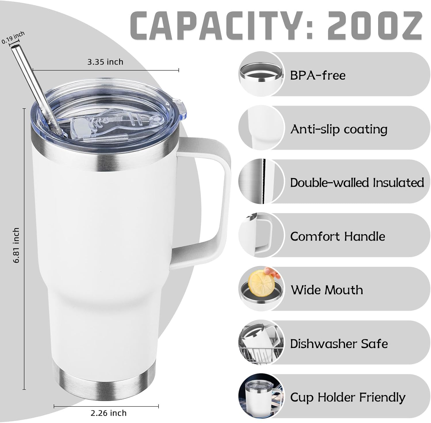 20 oz Tumbler with Handle Stainless Steel Insulated Coffee Mug Tumbler with Lid and Straw Double Wall Vacuum Insulated Coffee Mug Leak Proof Travel Mug Tumbler for Hot and Cold Drink (White,1pack) - Image 2