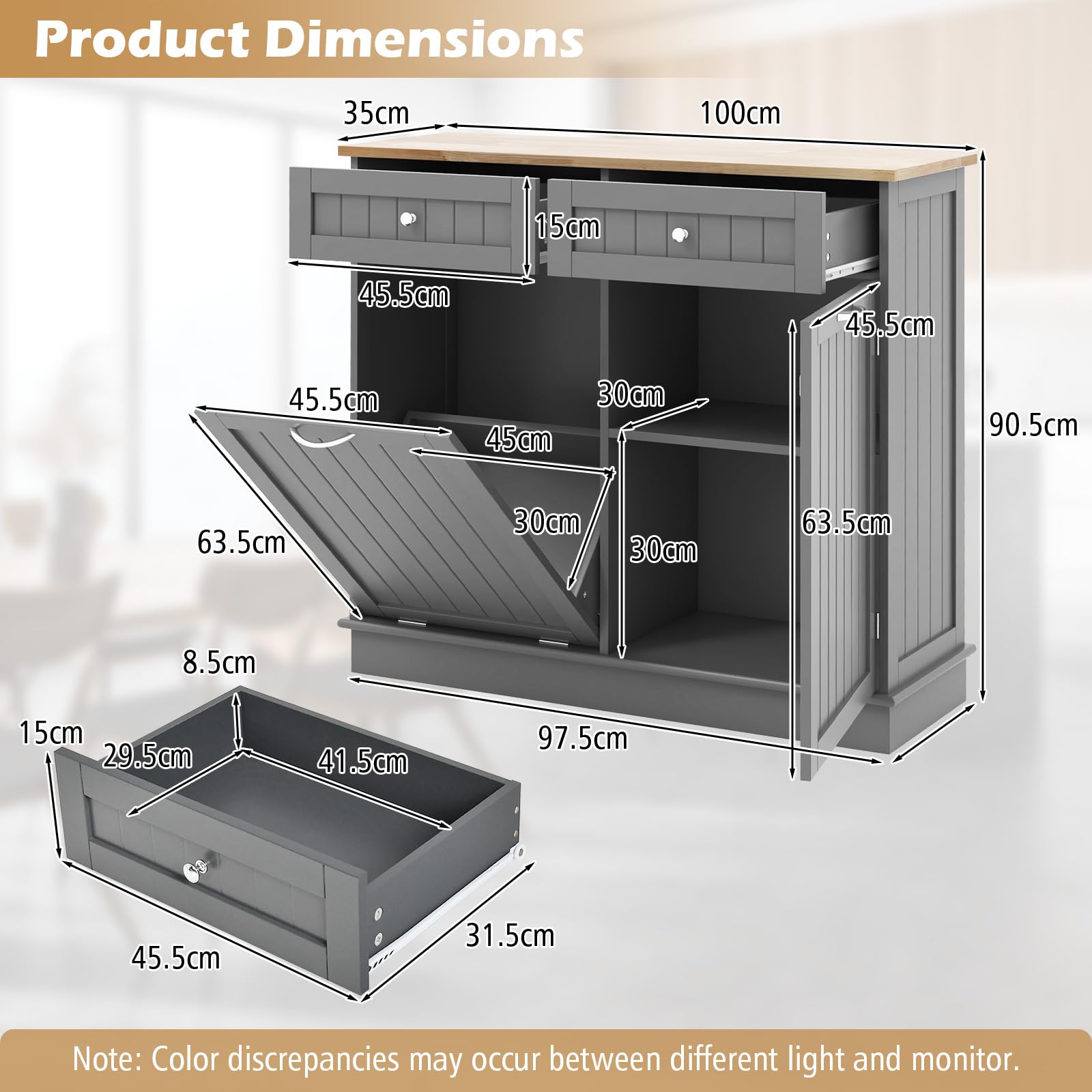 GIANTEX Aparador de Cocina con 2 Cajones y Armario con Puertas, con Espacio para Cubo de Basura, 100 x 35 x 90,5 cm, Mueble de Almacenamiento para Cocina, Comedor, Inodoro (Gris)