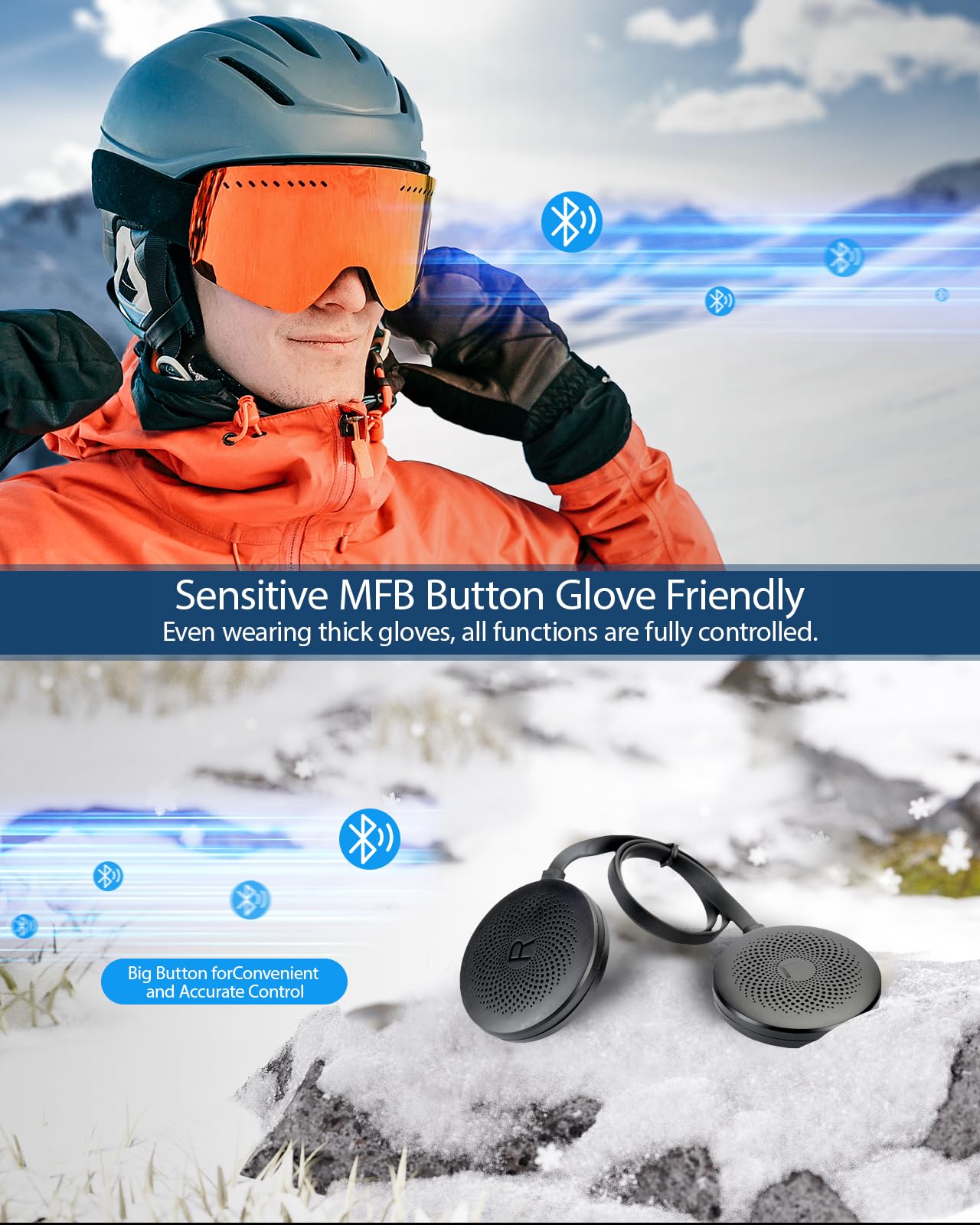 Doohoeek Kabellose Helmkopfhörer für Ski, Bluetooth Headset mit integriertem Mikrofon & IPX5 Wasserschutz, Universelle Passform & Handschuhfreundliche Steuerung für Snowboard & Ski