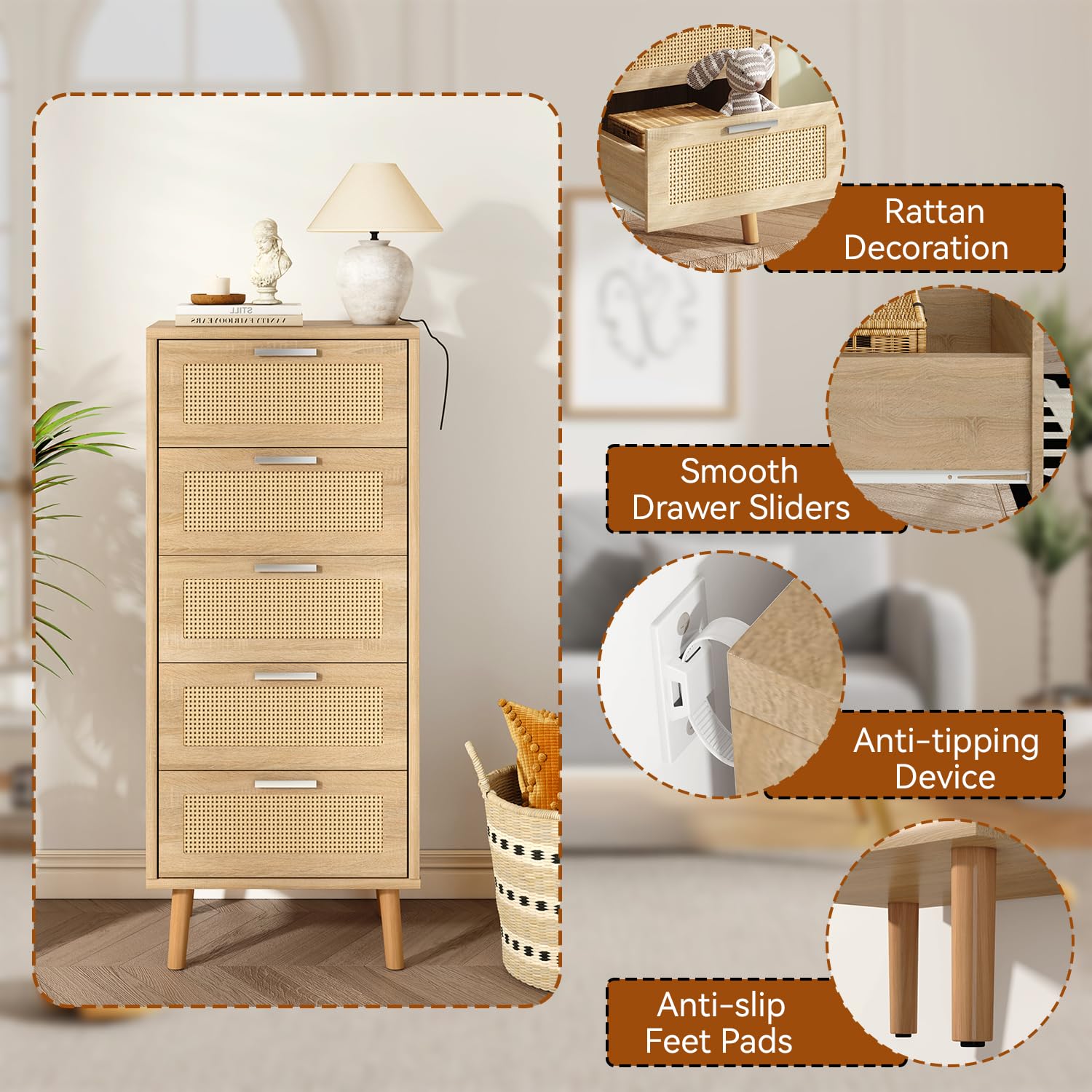 IBUYKE Rotin Commode avec 5 Tiroirs,Pieds en Bois,Natur WST010N | Meuble de Rangement, Décorations en Rotin,40 x 34 x 108 CM,pour Coucher, Salon, Entrée,Chambre d'enfant