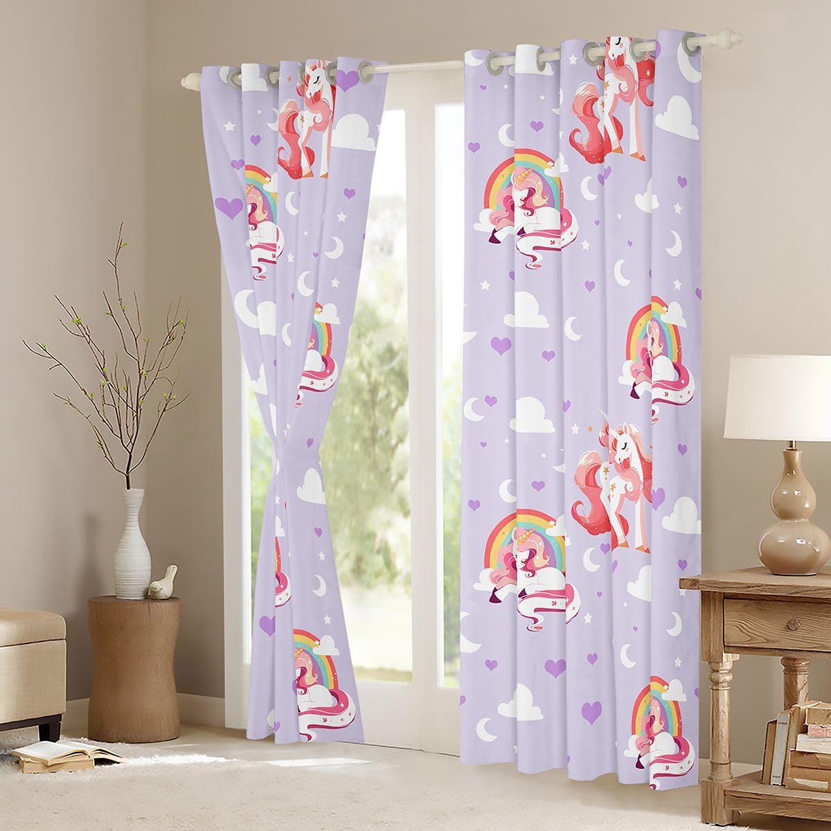 Homewish Tende per finestre con unicorno, 168 x 228 cm, set di 2 pannelli, tende oscuranti arcobaleno viola rosa tende per finestre galassia stelle fantasy per camera da letto