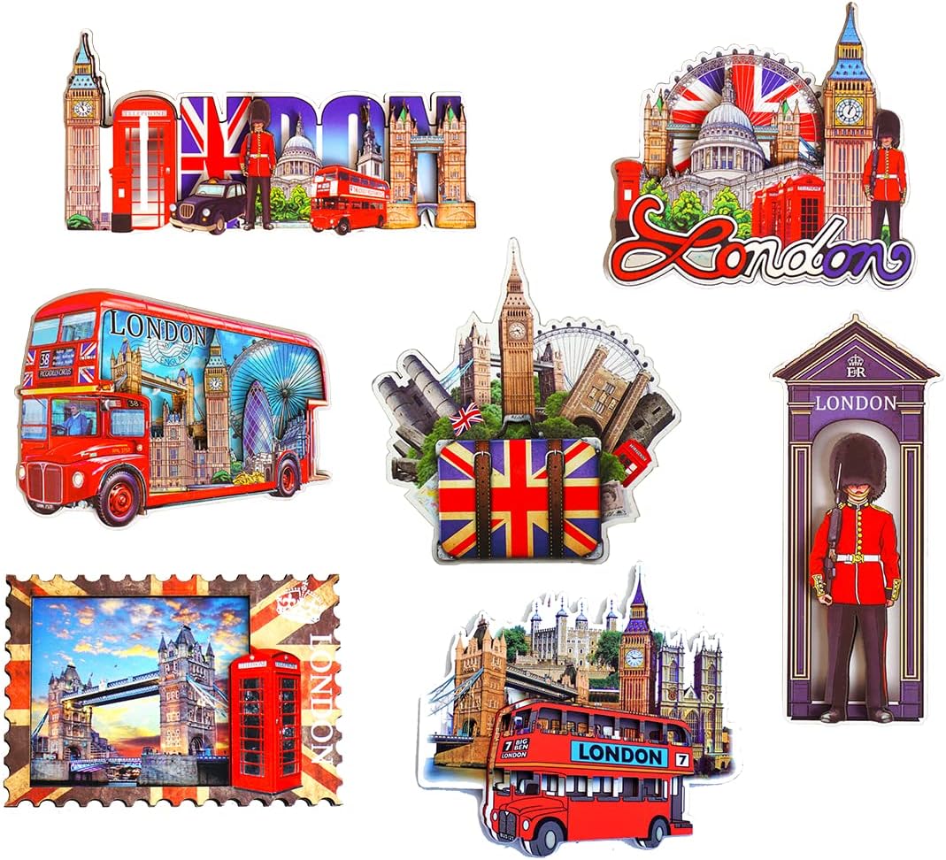 Wooden Magnets for Refrigerator - Set of 7 London England Famous Icons Pictures Wooden Fridge Magnets