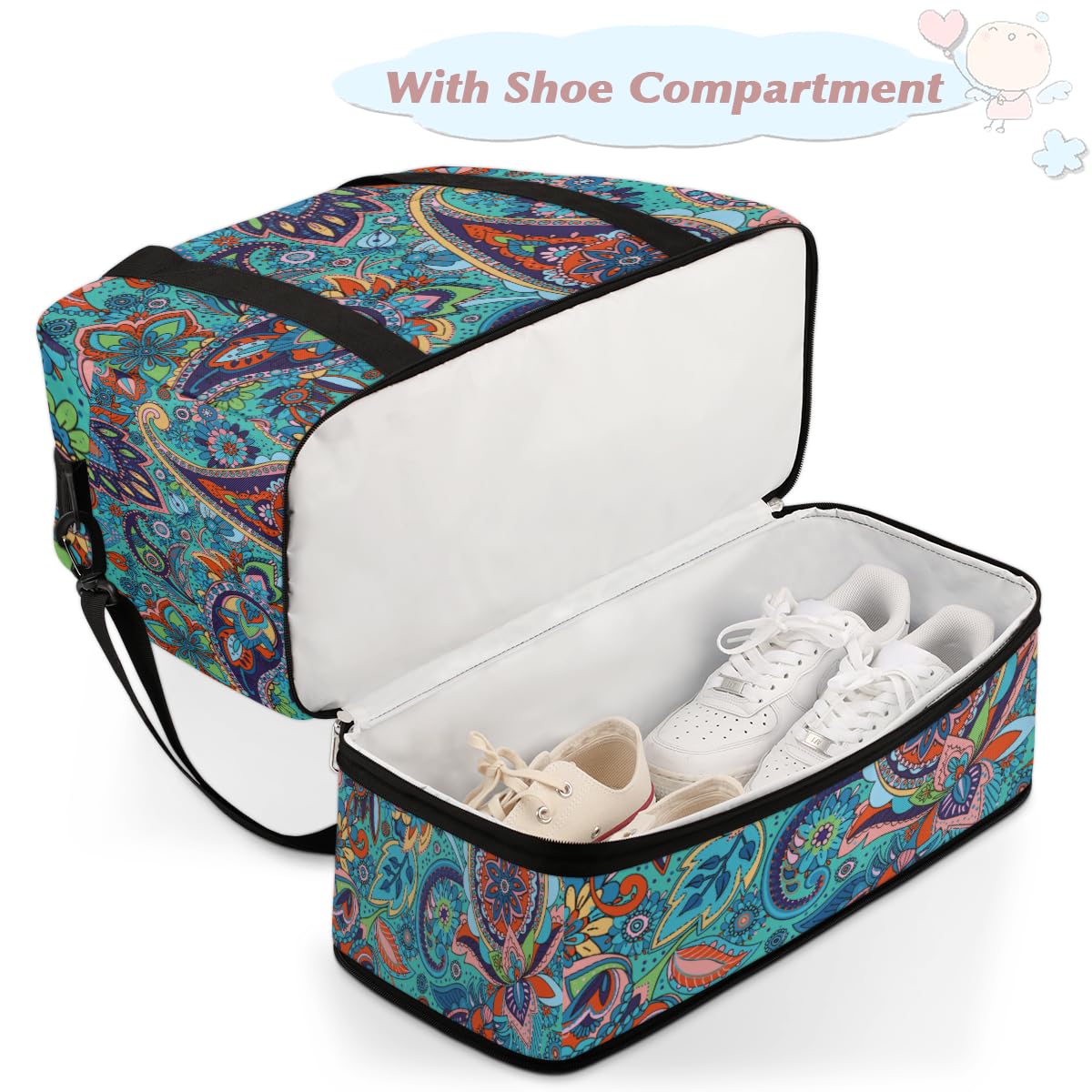 Bolsa de viaje plegable con patrón de cachemira, 47 L, bolsa de fin de semana con funda de carrito húmeda, bolsa de hombro separada para deportes, gimnasio, viajes, multicolor, 47L, Bolsa de viaje