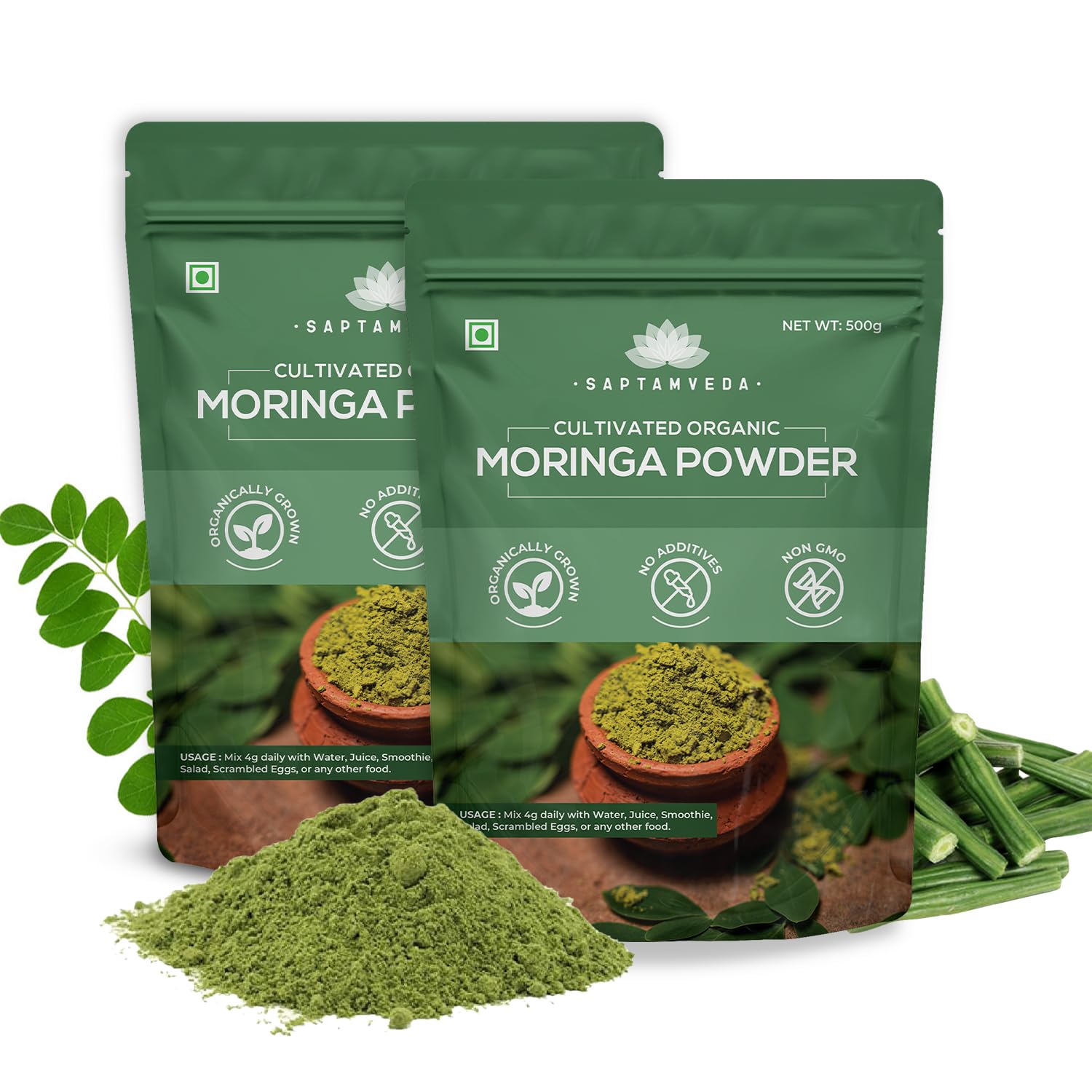SAPTAMVEDA 100% Organic Moringa Powder 1Kg (500GM X 2) | Immunity Booster | Drumstick Leaf Powder | Natural Multi-vitamin | Anti-Oxidant | Good for Hair & Skin | Protein Rich