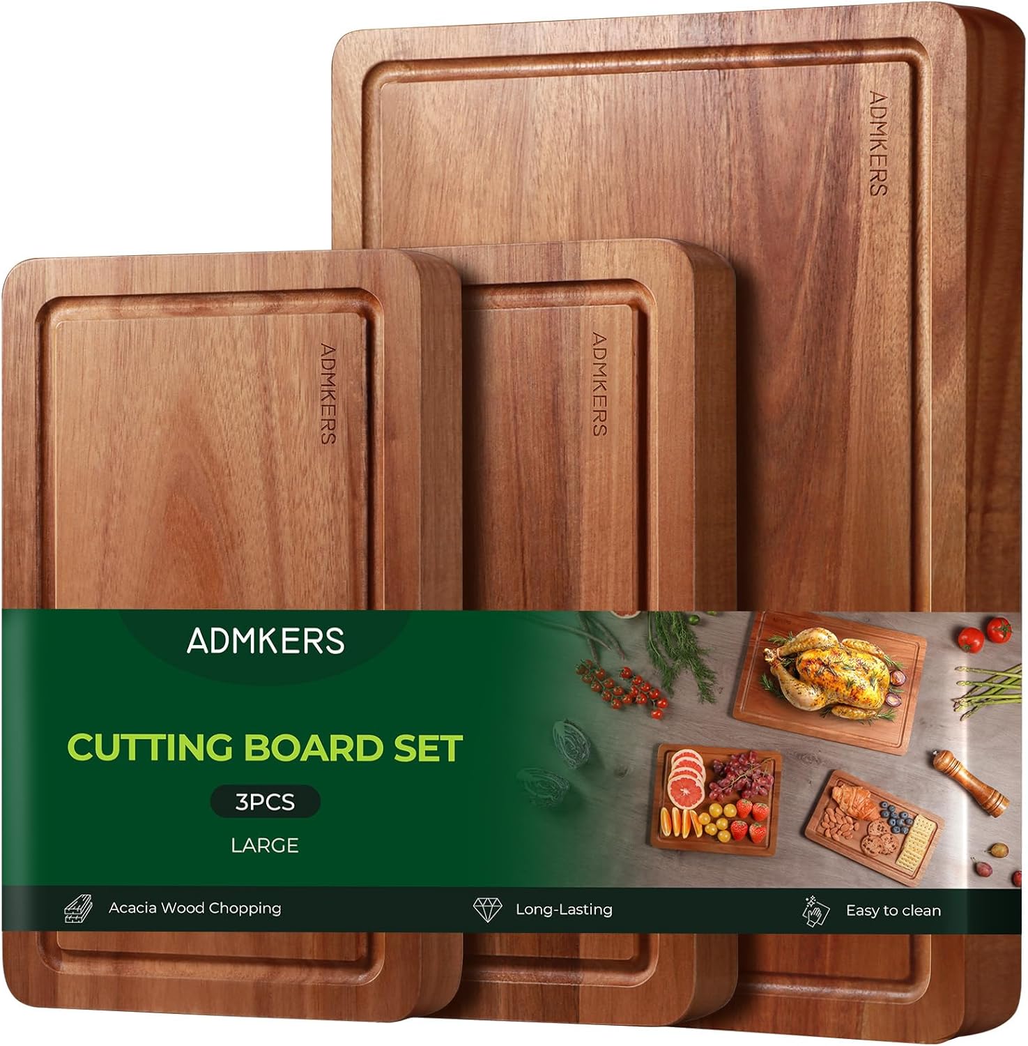 Set of 3 Wood Cutting Boards for Kitchen, Acacia Wooden Cutting Board Set, Charcuterie Board, Large Solid Chopping Board for Meat, Cheese, Fruit, Vegetables (set of 3)